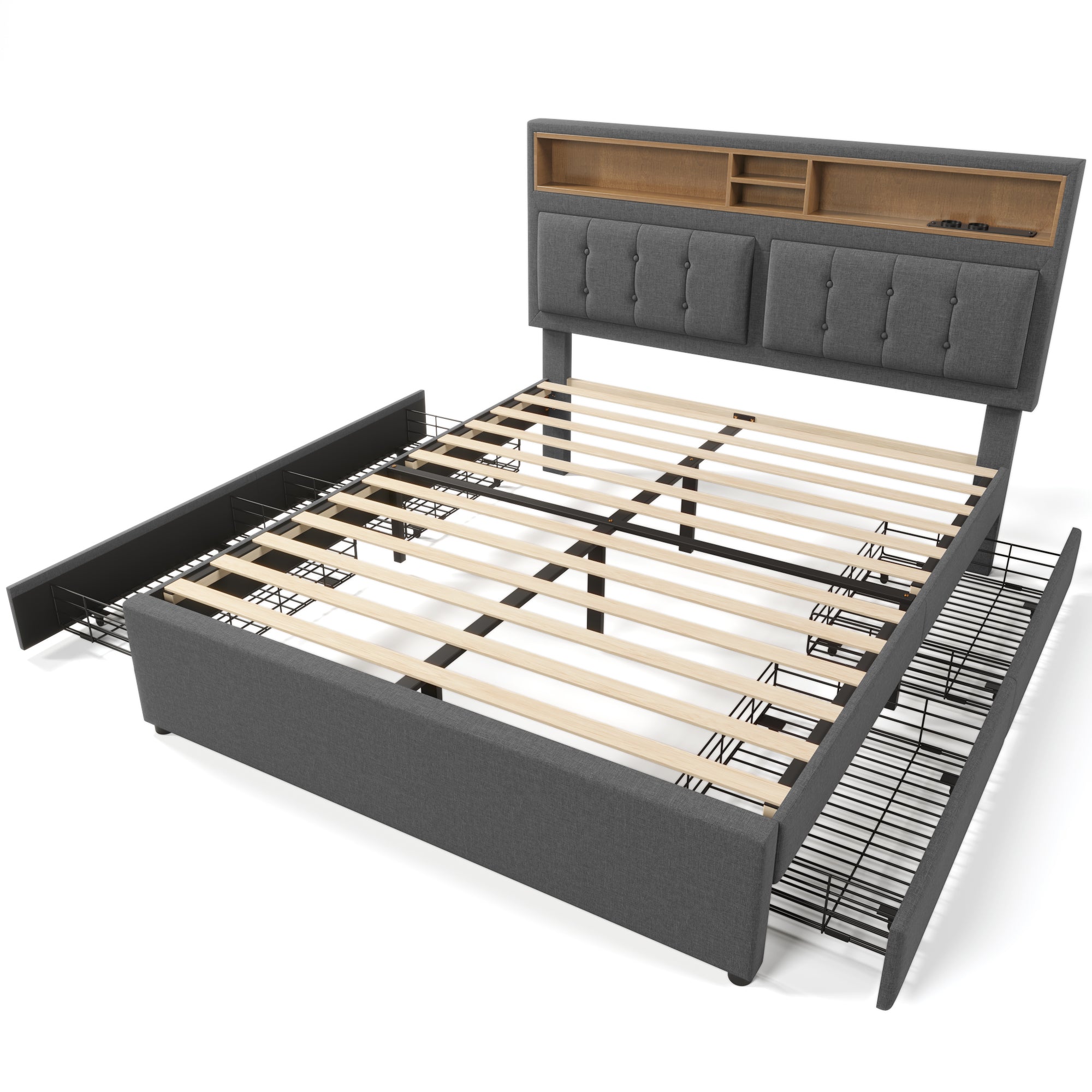 Logidon grijs gestoffeerd bed 160x200 cm met 4 lades USB C-aansluiting