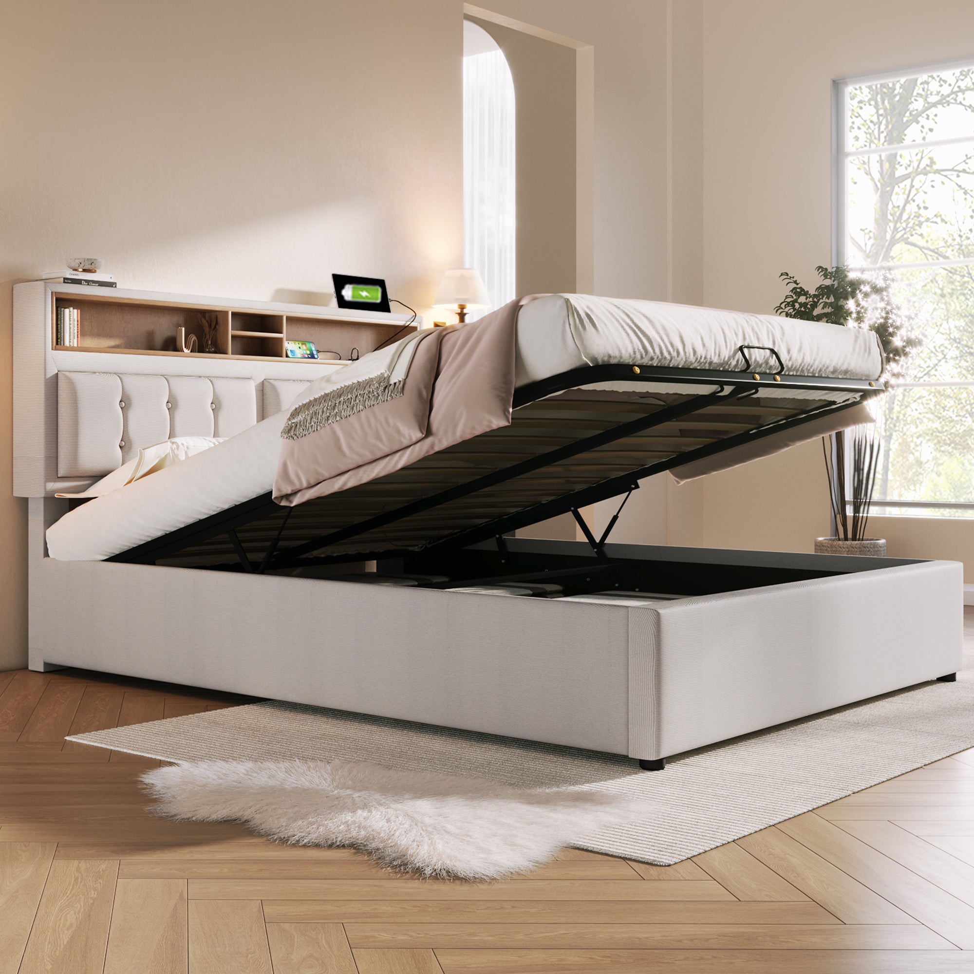 Logidon gestoffeerd bed tweepersoonsbed 140x200 met USB C oplaadfunctie beige