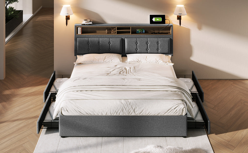 Logidon upholstered bed 140x200 cm with USB C charging station and 4 drawers