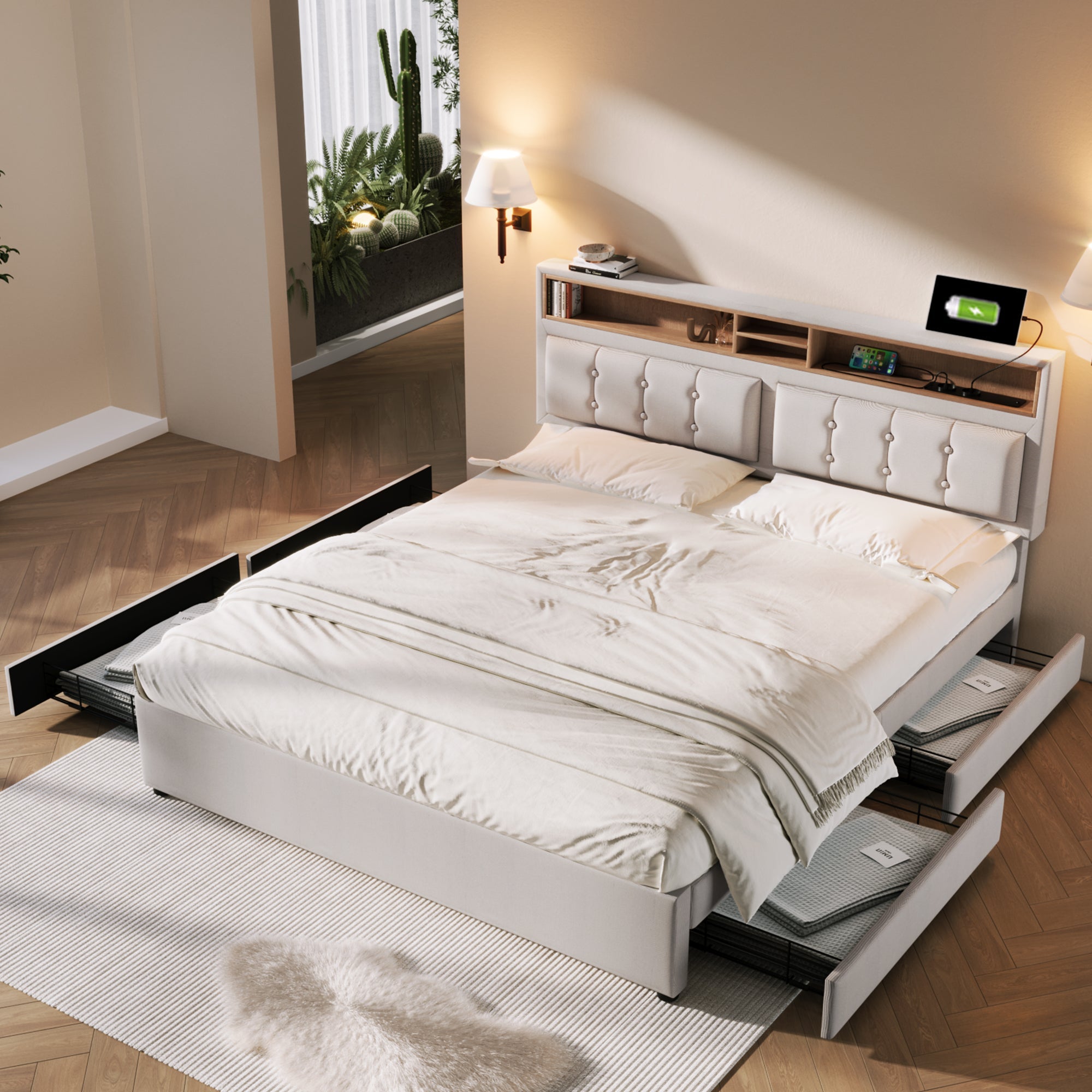 Logidon double bed 160x200cm with 4 drawers and USB-C charging port