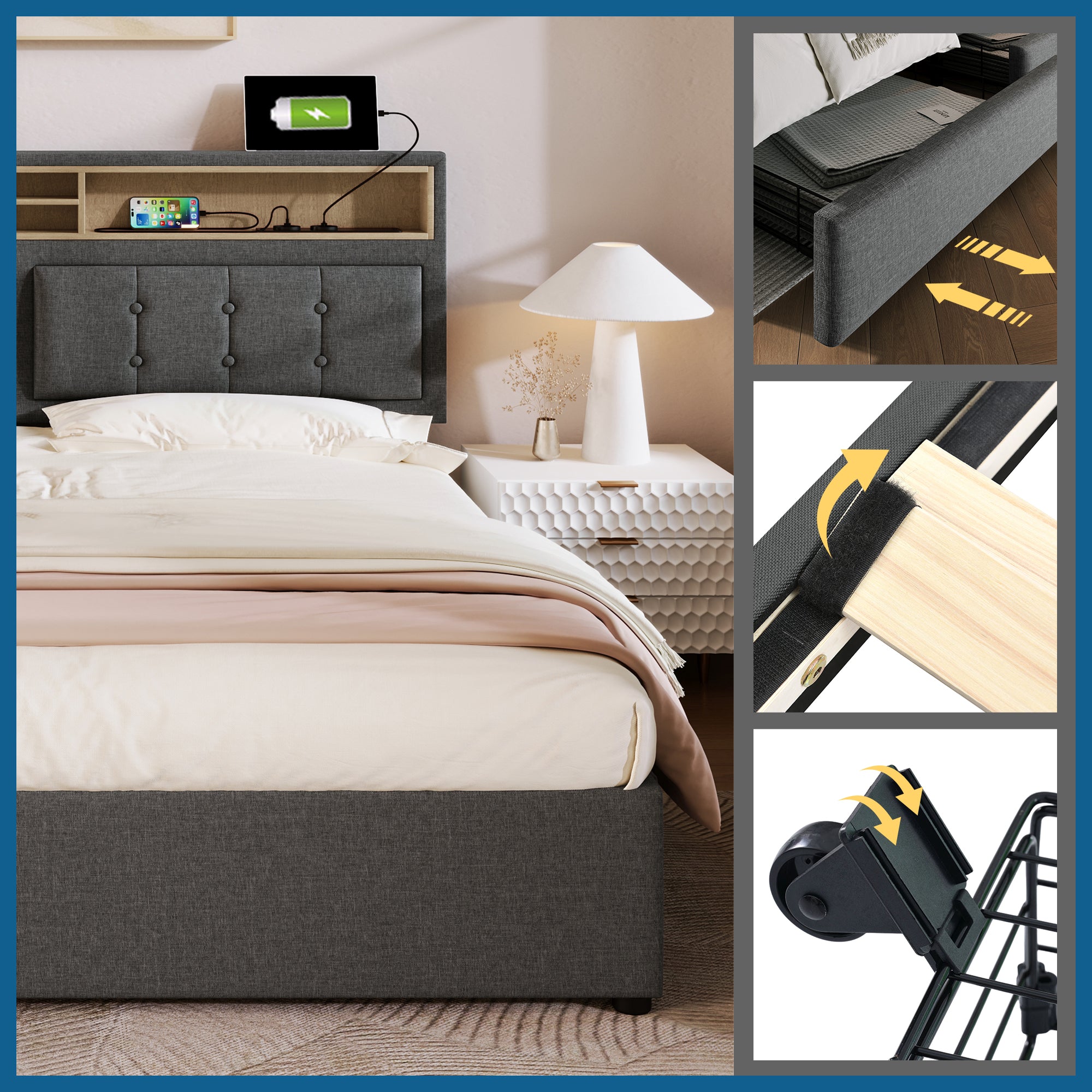Logidon box bed 160x200 with 4 drawers USB-C headboard adjustable gray