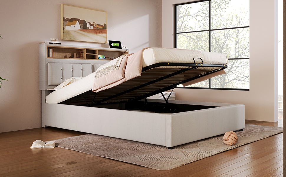Logidon upholstered bed 140x200 with USB C charging function and storage space beige