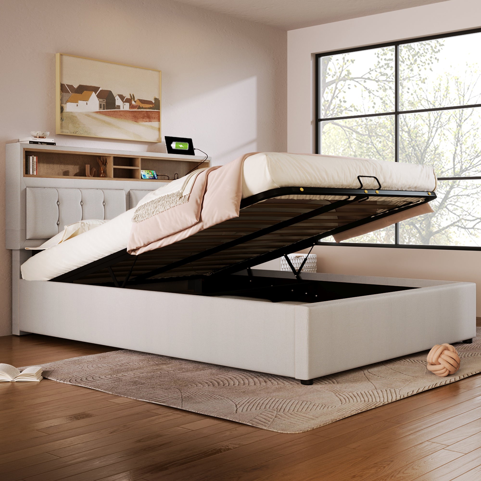 Logidon upholstered bed 140x200 with USB C charging function and storage space beige