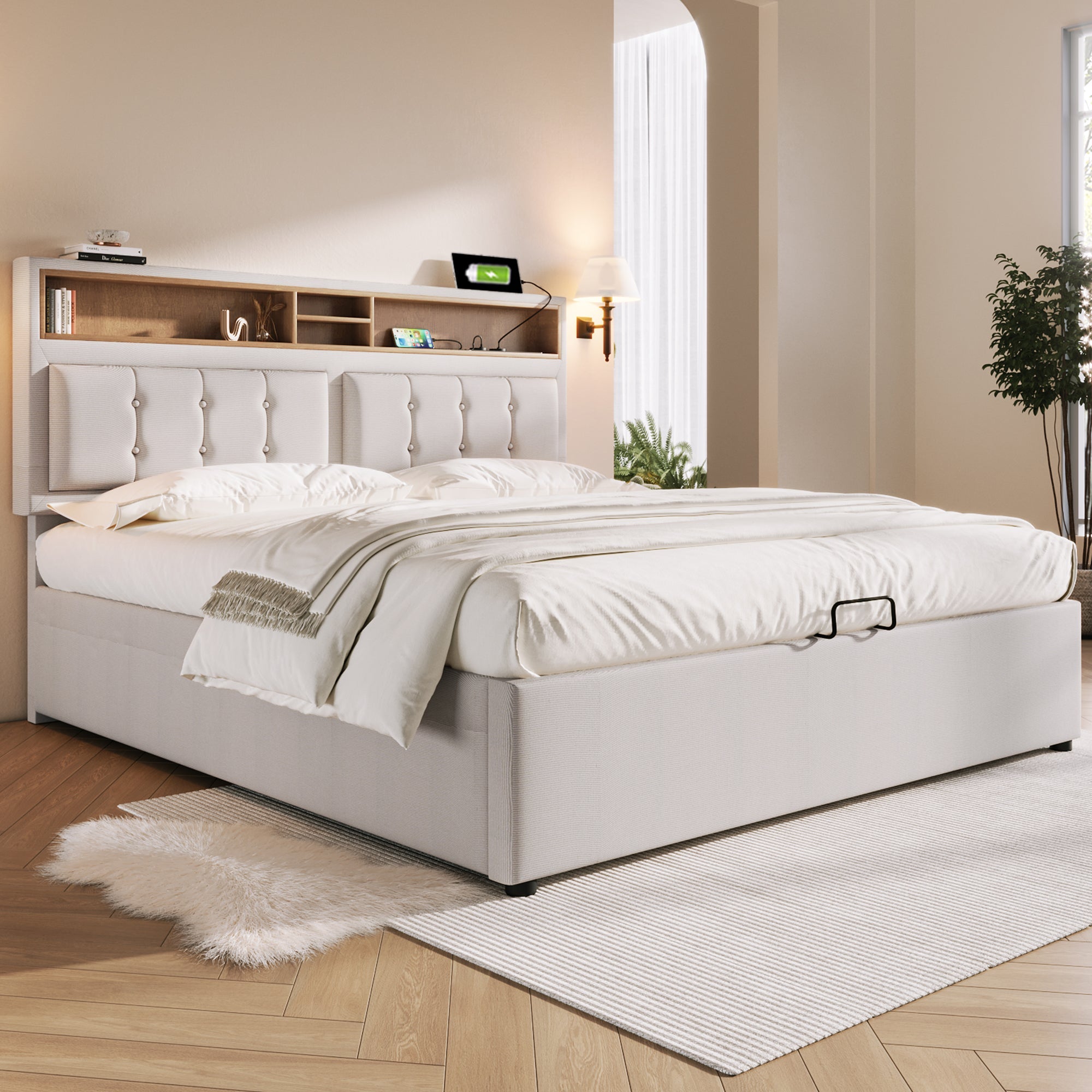 Logidon upholstered bed 140x200 with USB C charging function and storage space beige