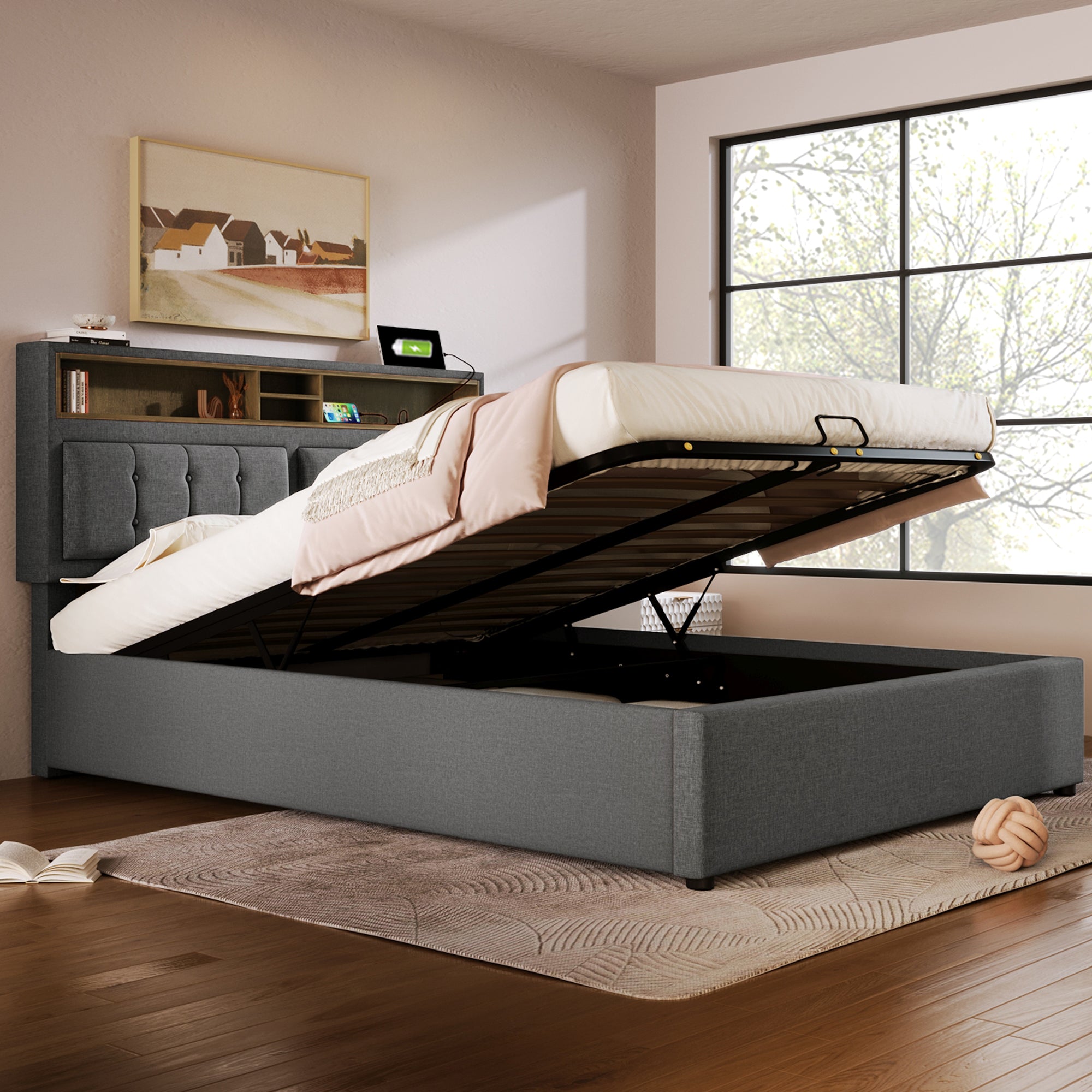 Logidon gestoffeerd bed 140x200 USB C oplaadfunctie grijs