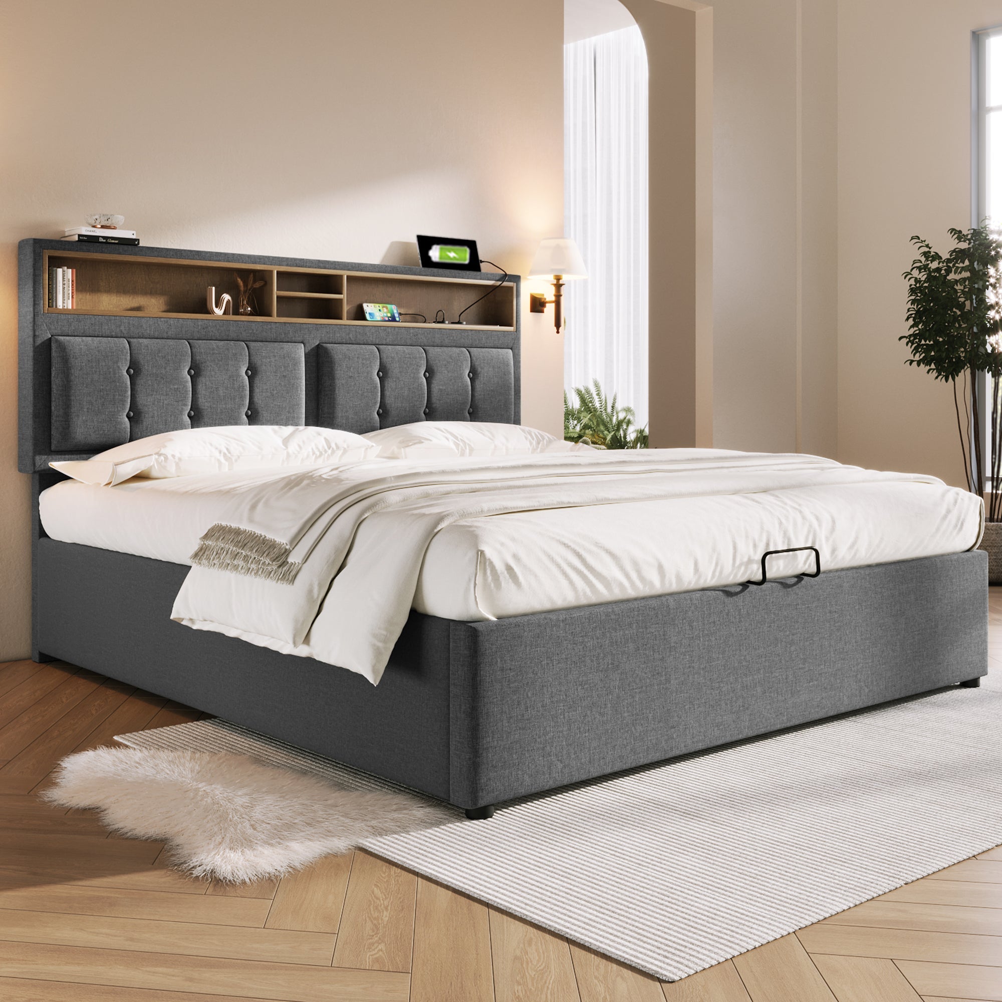 Logidon gestoffeerd bed 140x200 USB C oplaadfunctie grijs