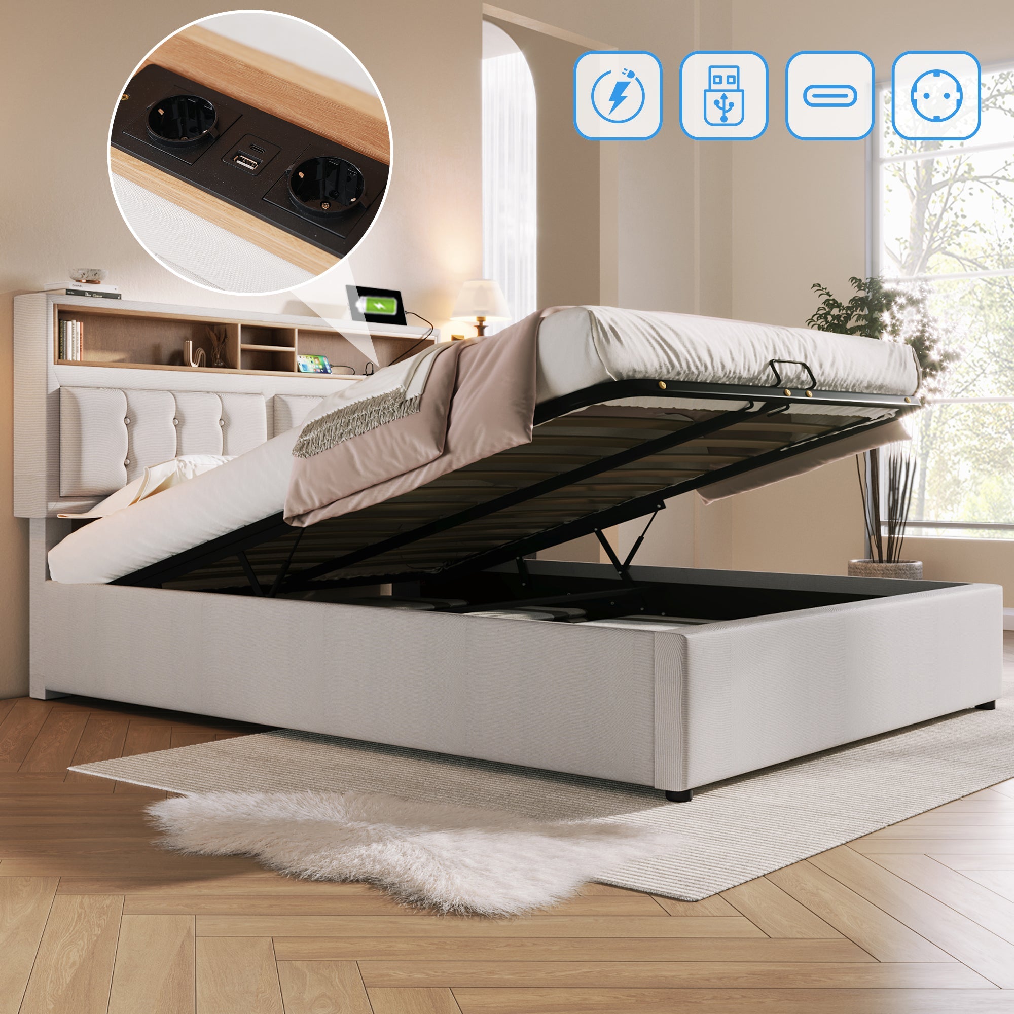 Logidon upholstered bed 140x200 with USB C charging function and storage space beige