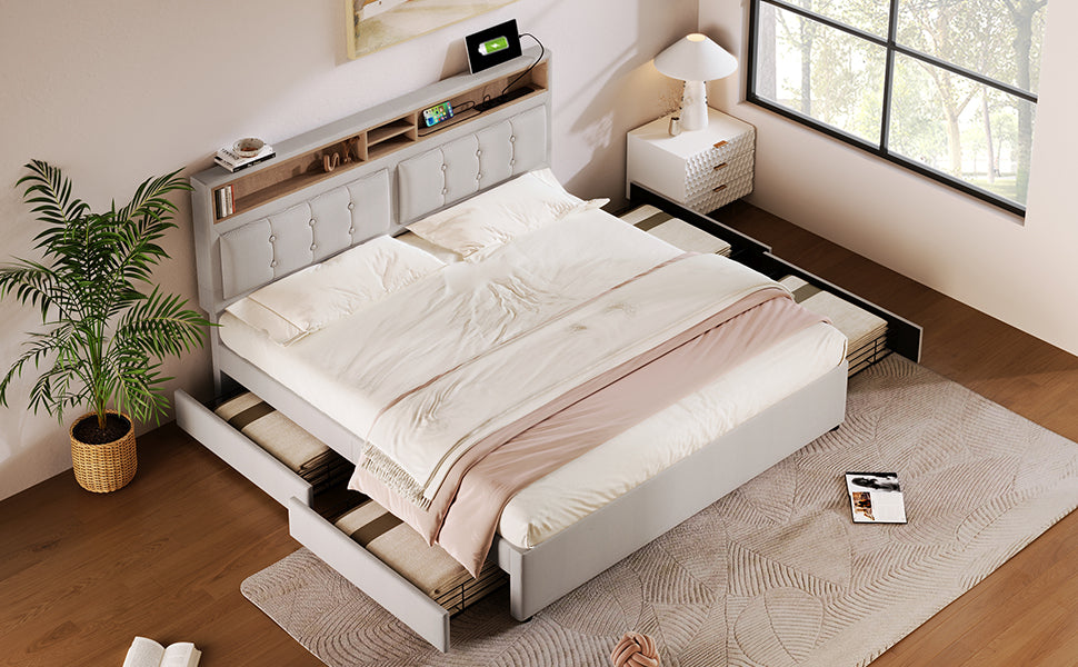 Logidon double bed 160x200cm with 4 drawers and USB-C charging port
