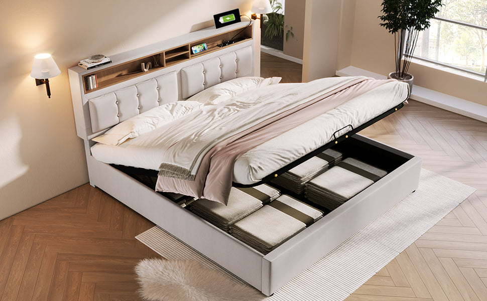 Logidon gestoffeerd bed 160x200 beige hoofdbord USB C oplaadfunctie opbergruimte