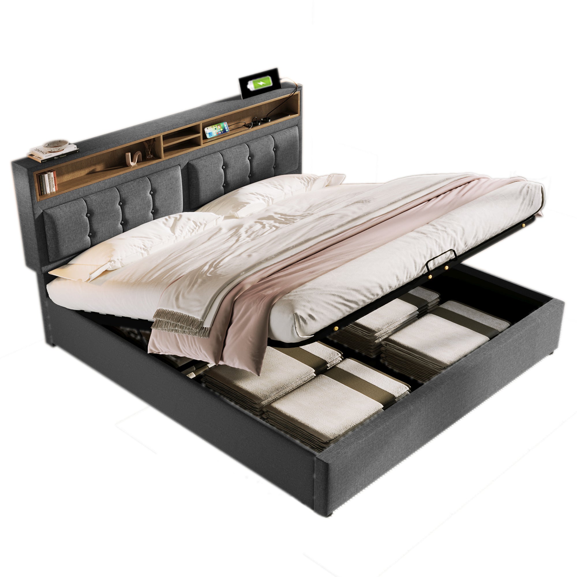 Logidon gestoffeerd bed 140x200 USB C oplaadfunctie grijs