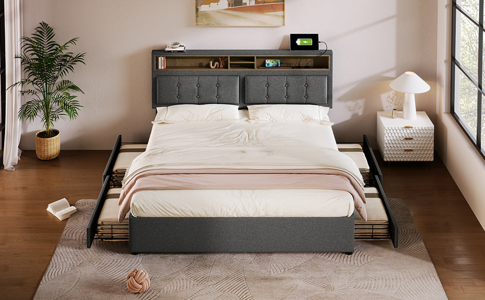 Logidon upholstered bed 140x200 cm with USB C charging station and 4 drawers