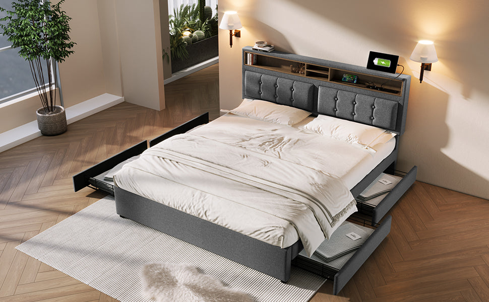 Logidon upholstered bed 140x200 cm with USB C charging station and 4 drawers