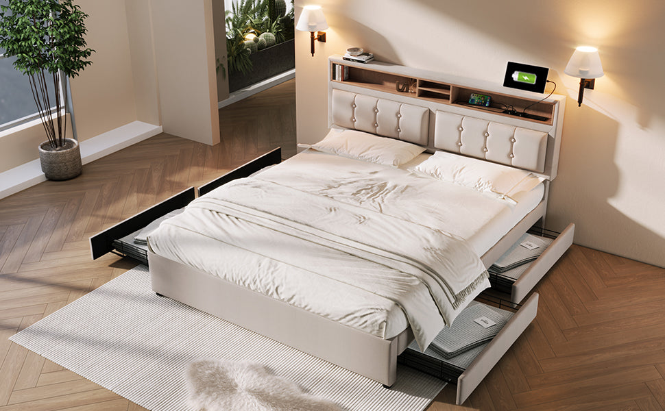 Logidon double bed 160x200cm with 4 drawers and USB-C charging port