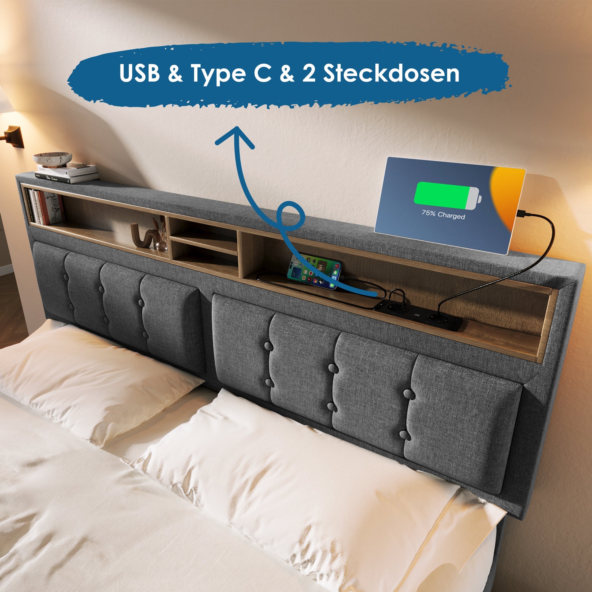 Logidon upholstered bed 140x200 gray with USB-C charging function