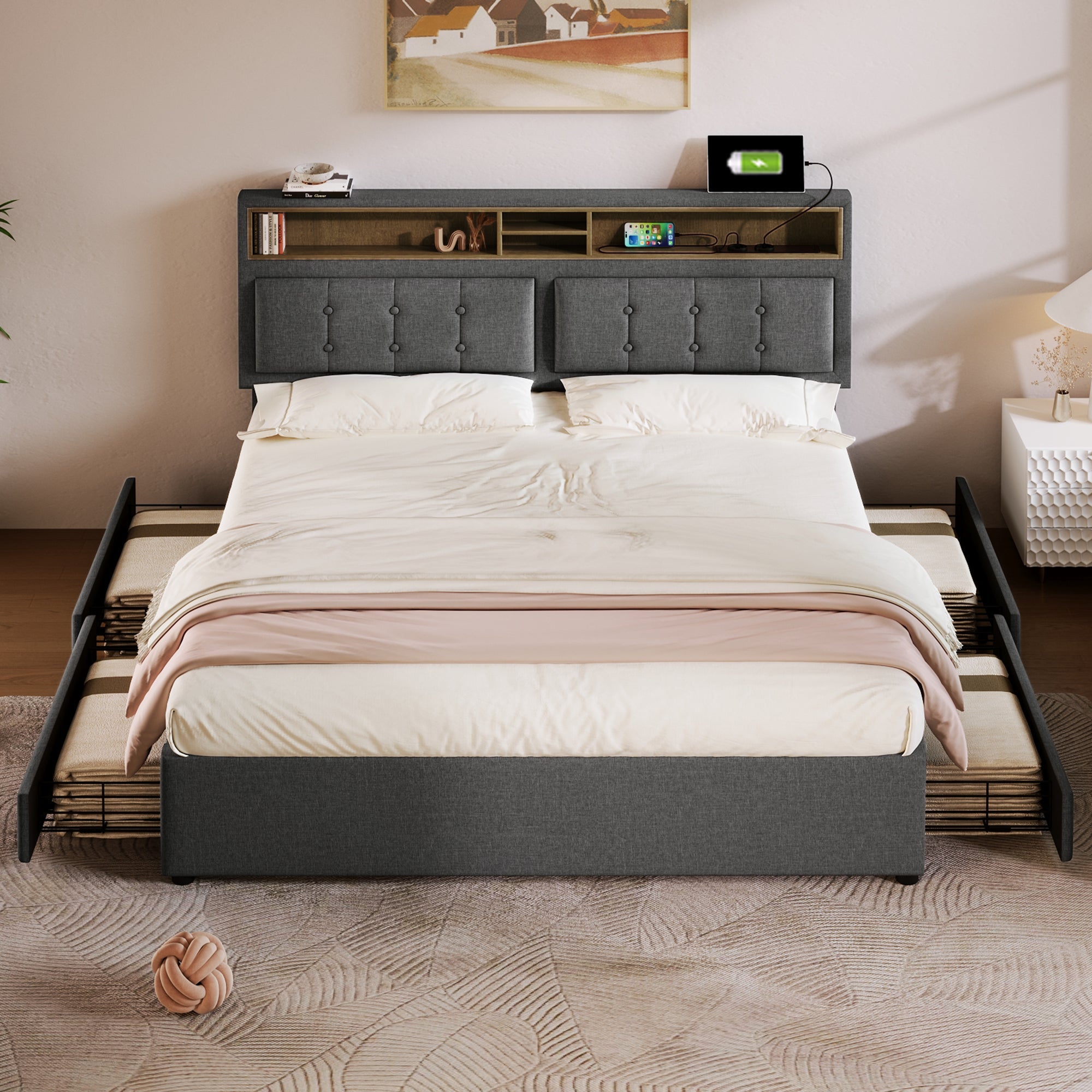 Logidon box bed 160x200 with 4 drawers USB-C headboard adjustable gray