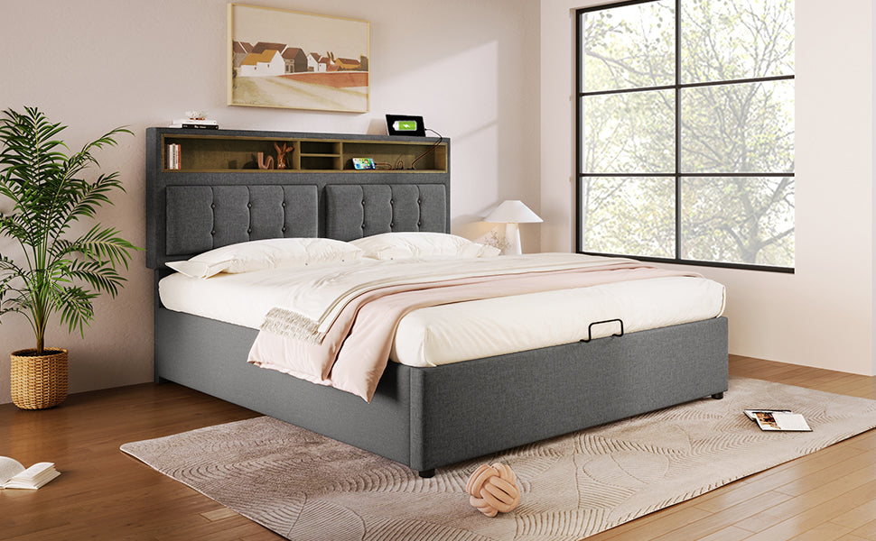 Logidon gestoffeerd bed 140x200 USB C oplaadfunctie grijs