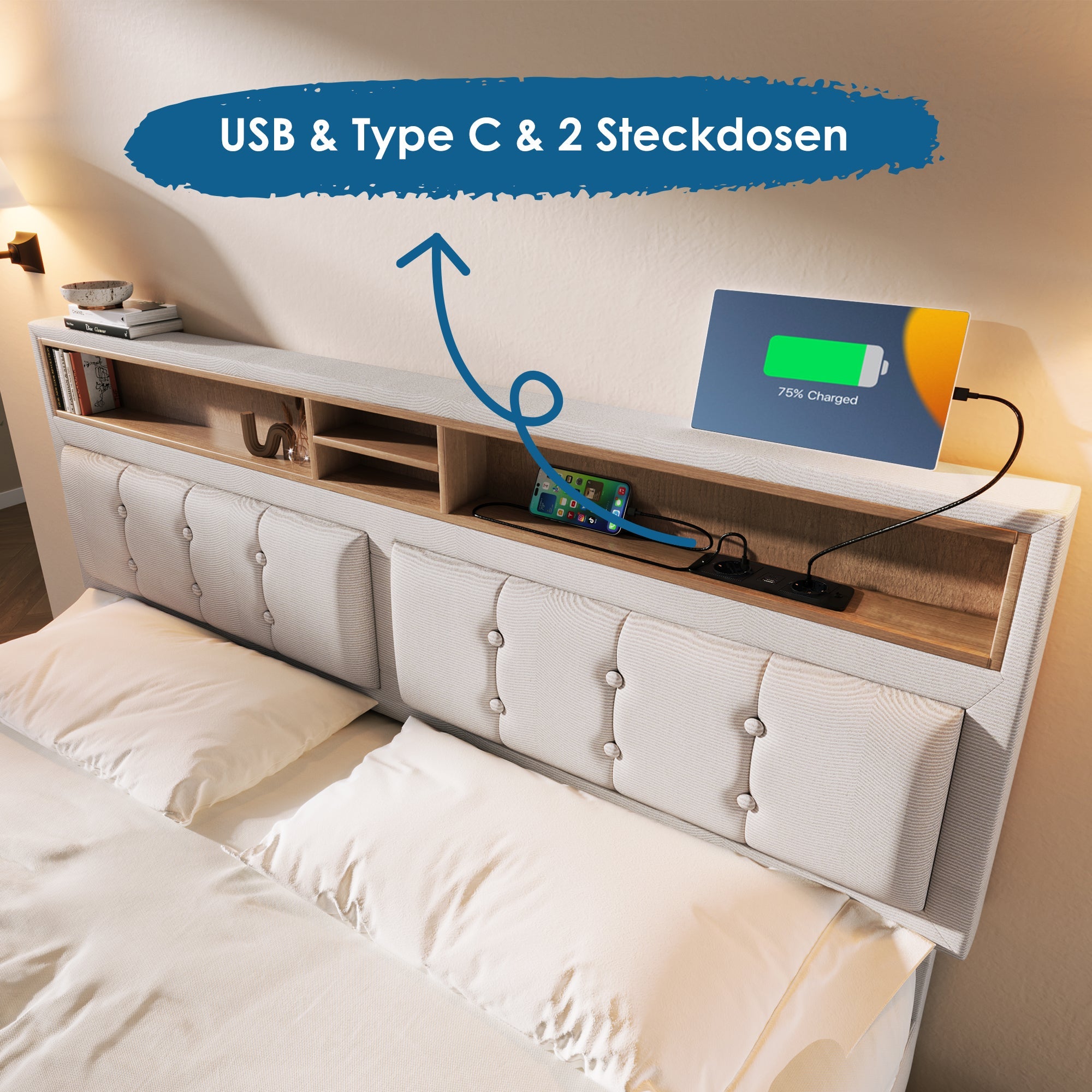 Logidon double bed 160x200cm with 4 drawers and USB-C charging port