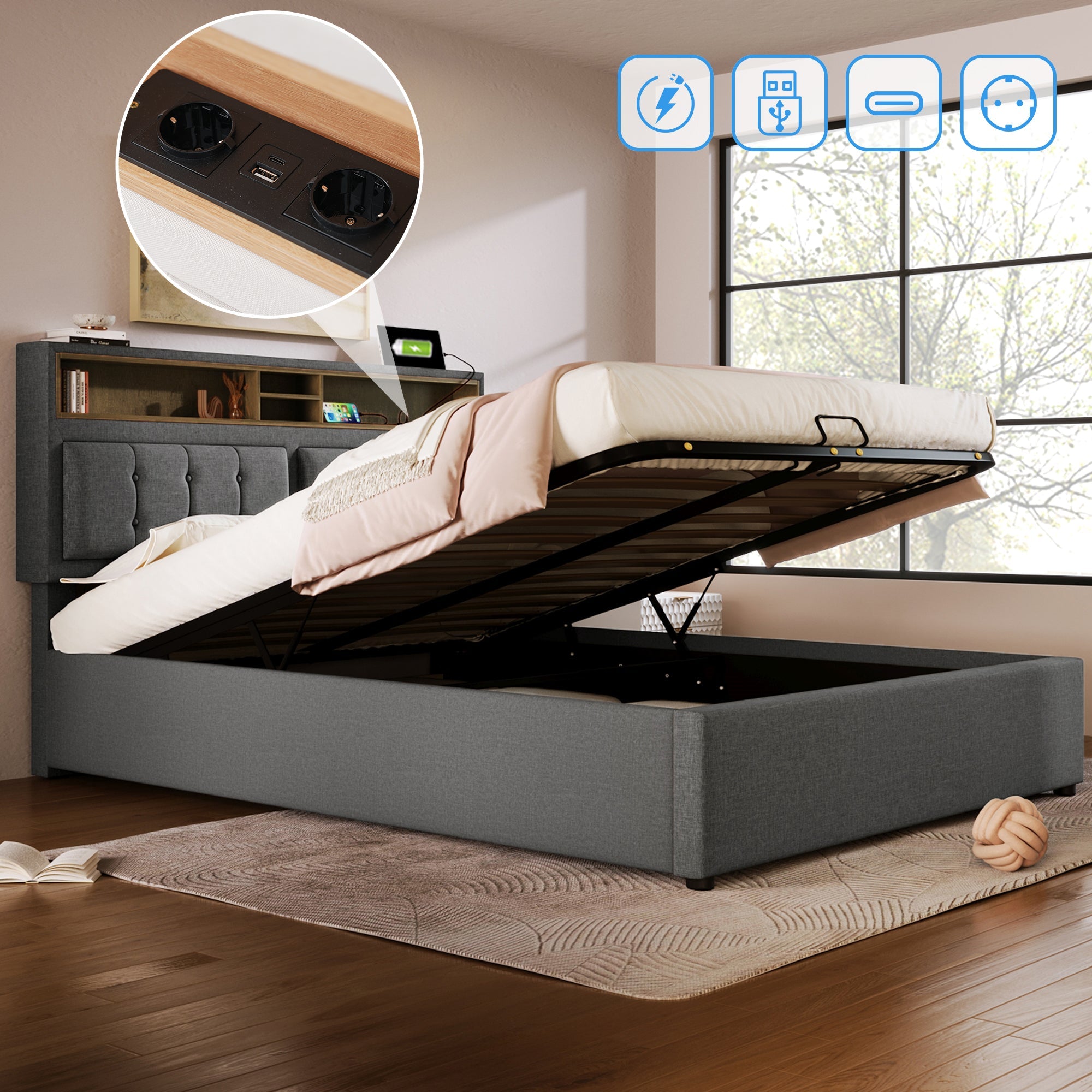 Logidon upholstered bed 140x200 gray with USB-C charging function