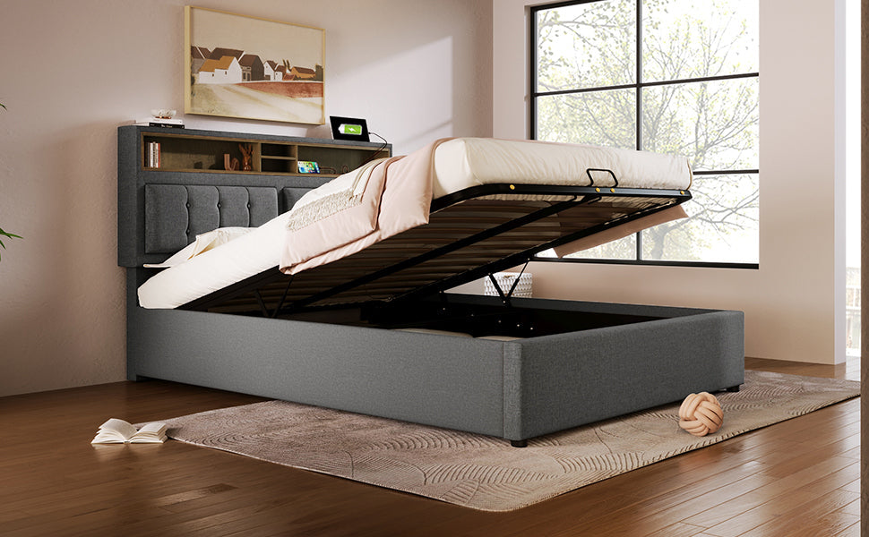 Logidon upholstered bed 140x200 gray with USB-C charging function