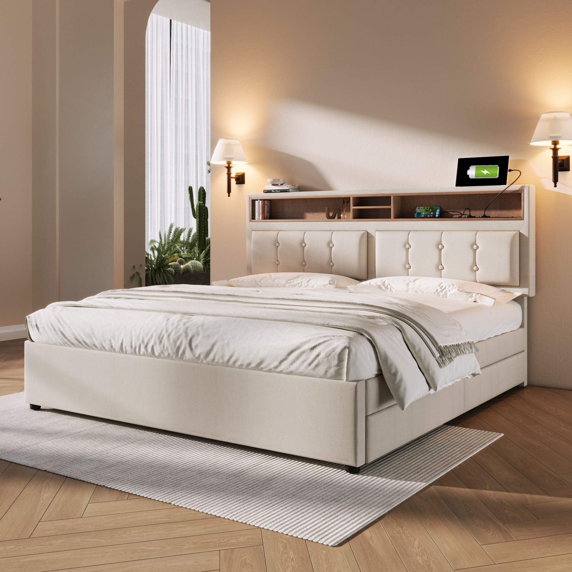 Logidon double bed 160x200cm with 4 drawers and USB-C charging port