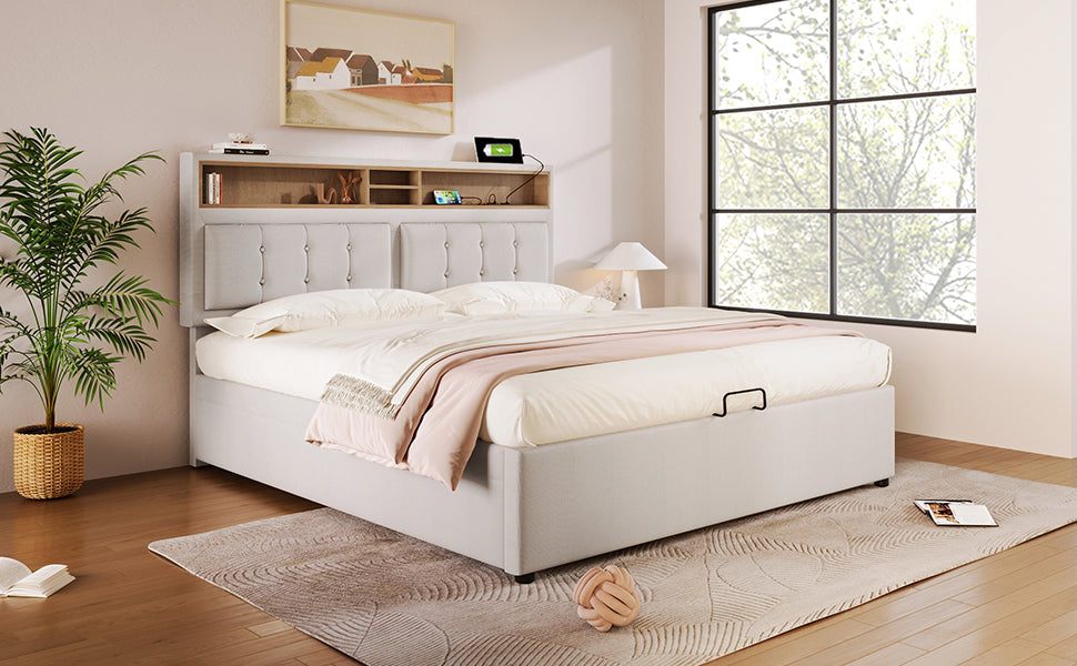 Logidon upholstered bed 140x200 with USB C charging function and storage space beige
