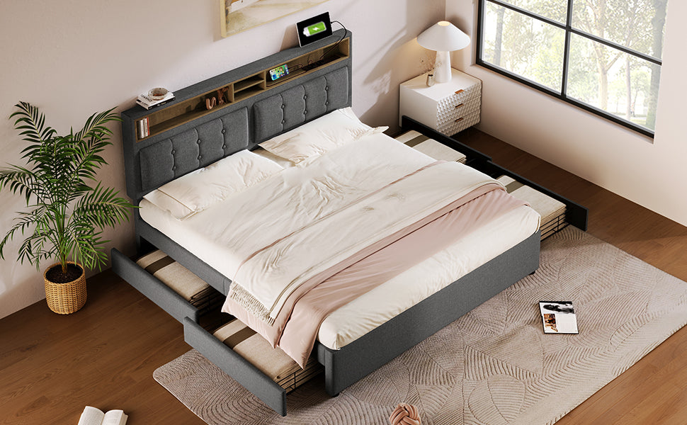 Logidon upholstered bed 140x200 cm with USB C charging station and 4 drawers