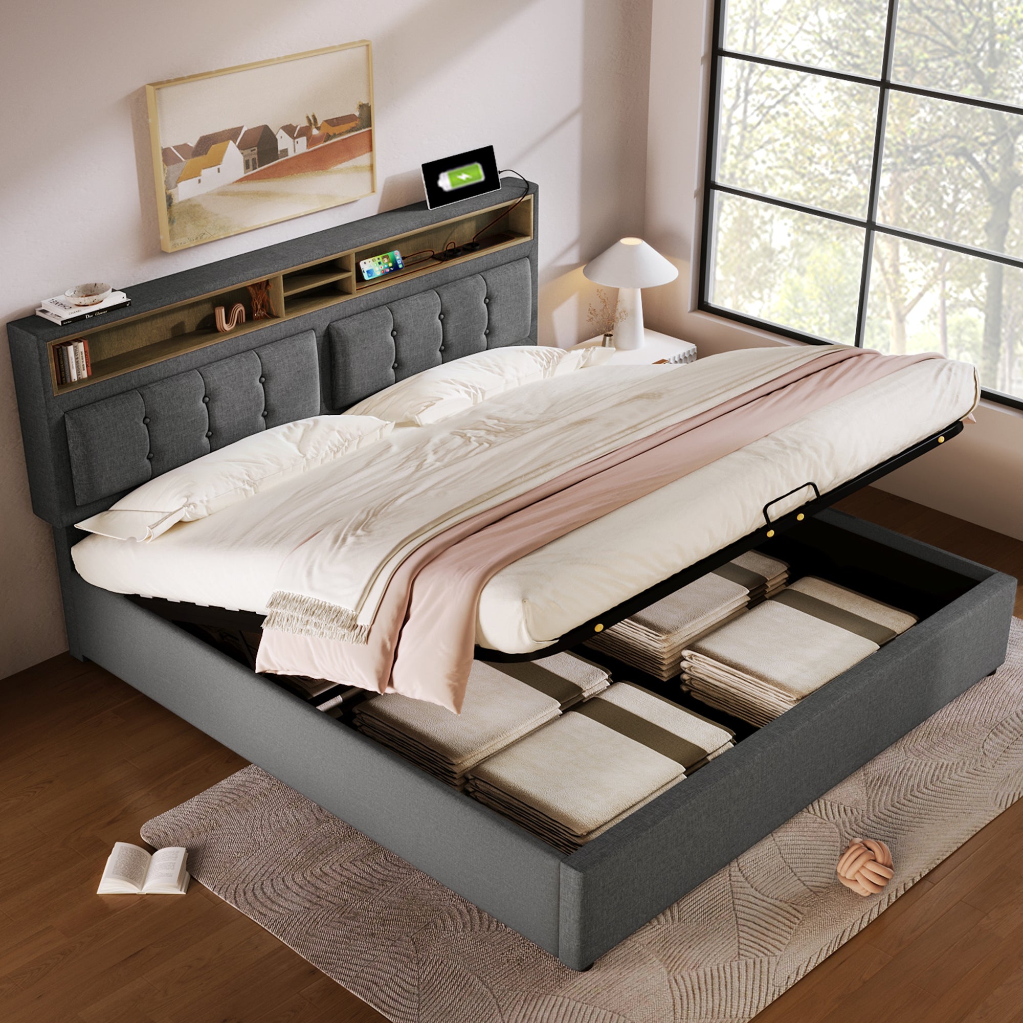 Logidon upholstered bed 140x200 gray with USB-C charging function