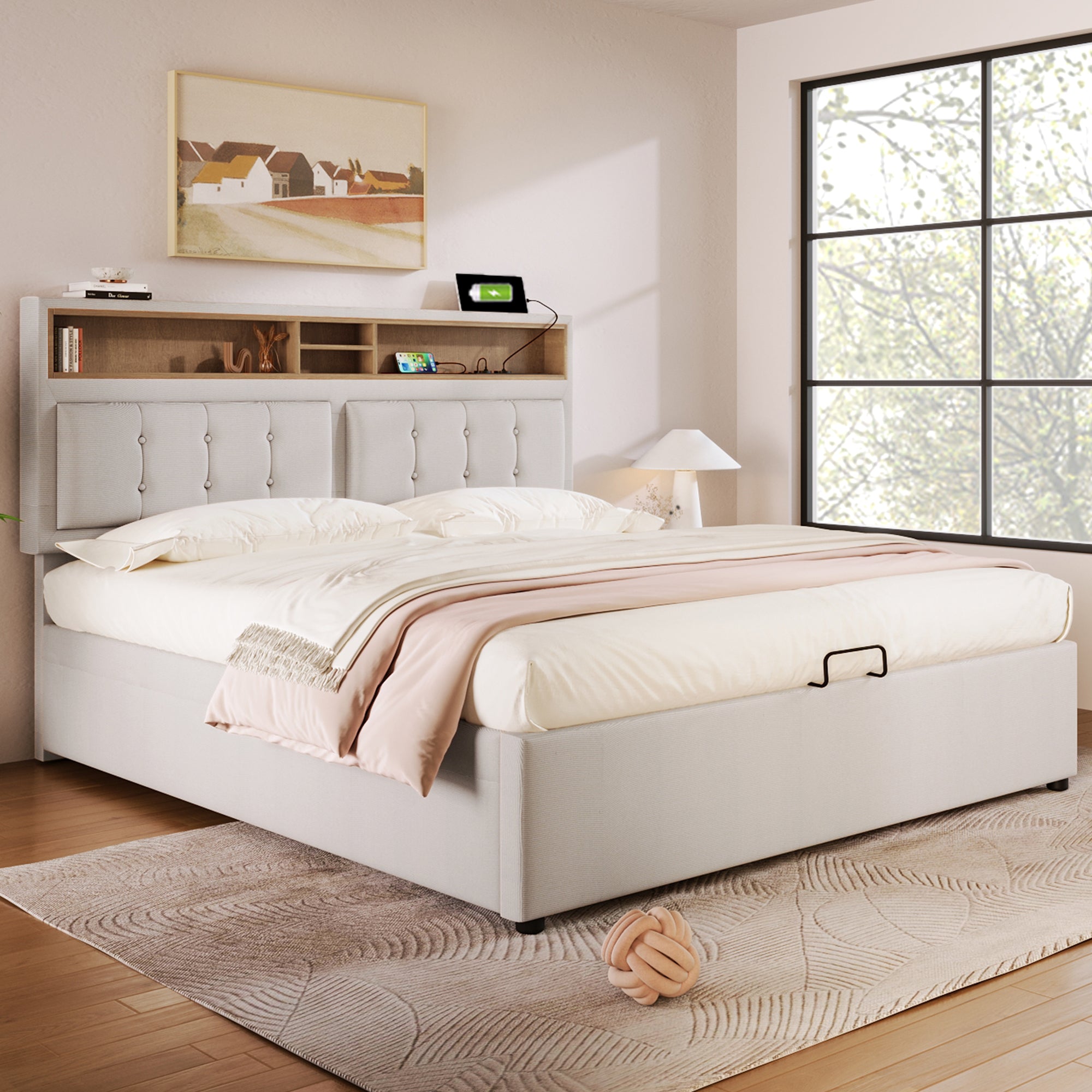 Logidon upholstered bed 140x200 with USB C charging function and storage space beige