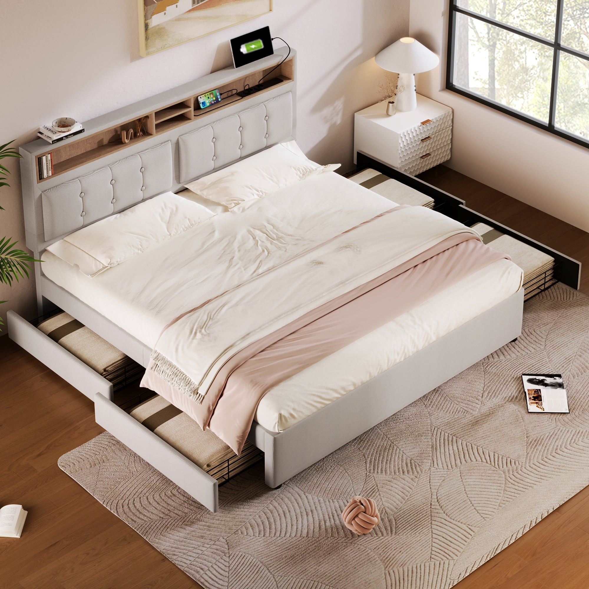 Logidon double bed 160x200cm with 4 drawers and USB-C charging port
