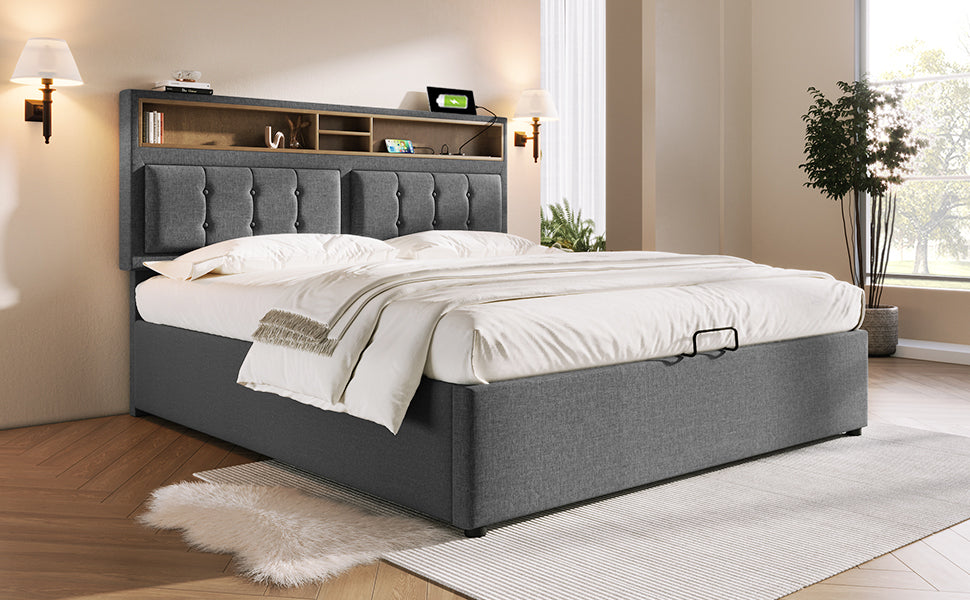 Logidon gestoffeerd bed 140x200 USB C oplaadfunctie grijs
