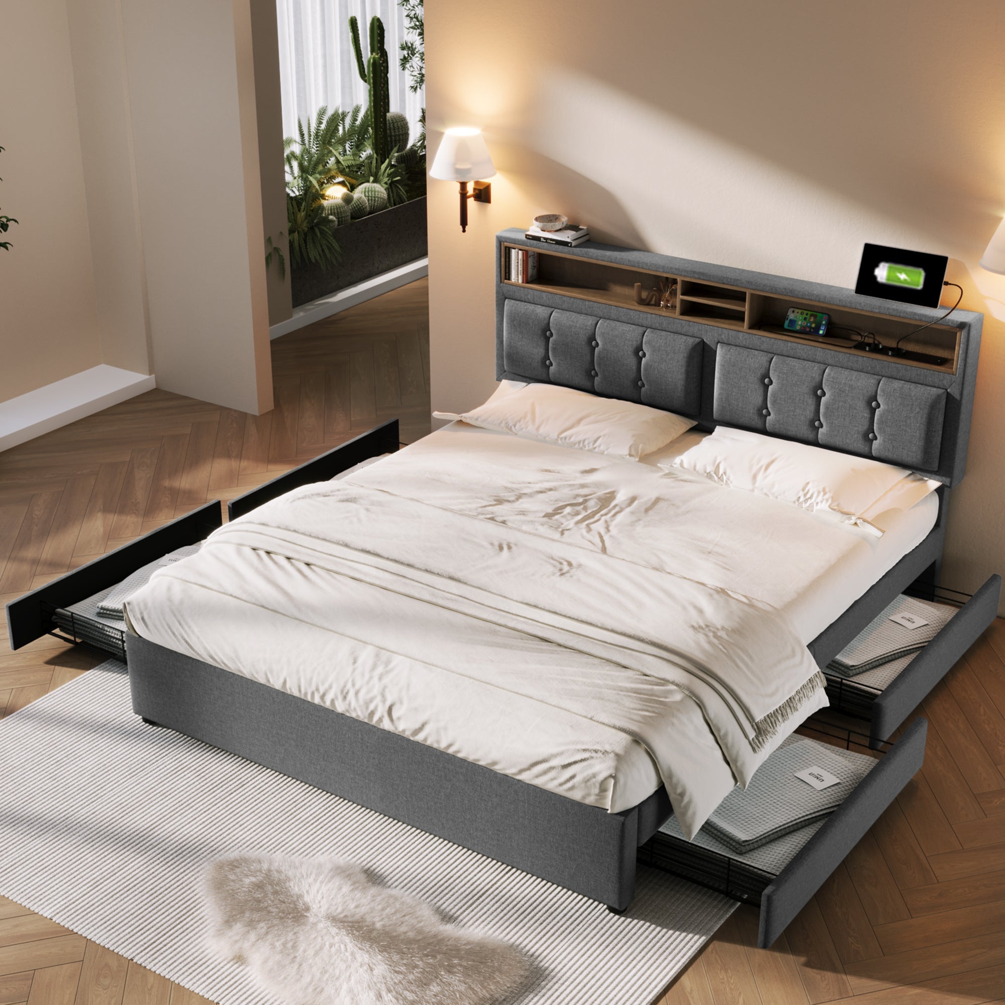 Logidon tweepersoonsbed 140x200 grijs 4 laden USB-C hoofdeindeverstelling