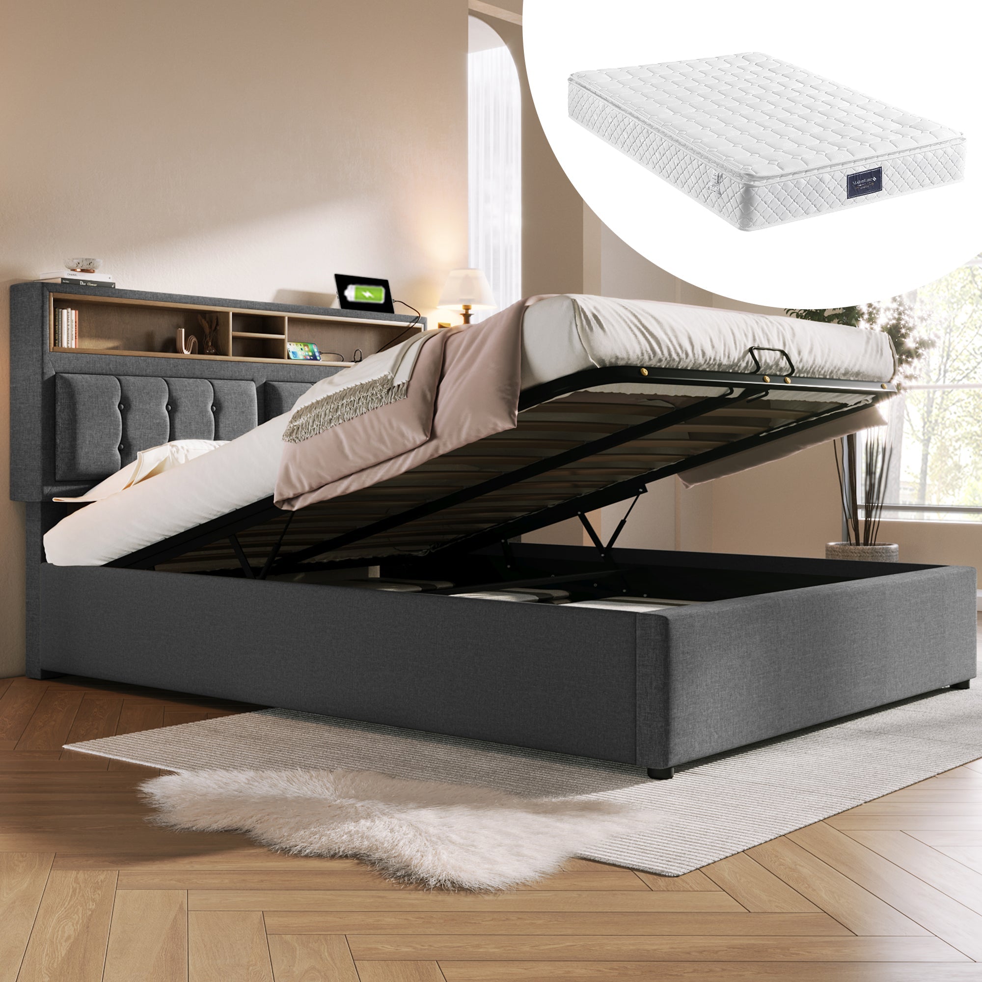 Logidon upholstered bed 160x200 gray USB-C charging function headboard storage space