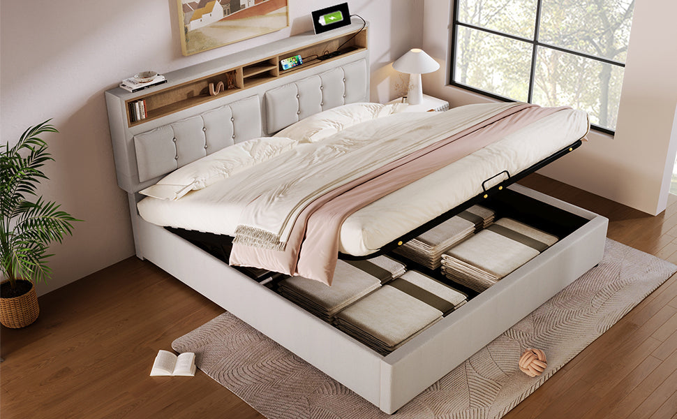 Logidon gestoffeerd bed 160x200 beige hoofdbord USB C oplaadfunctie opbergruimte