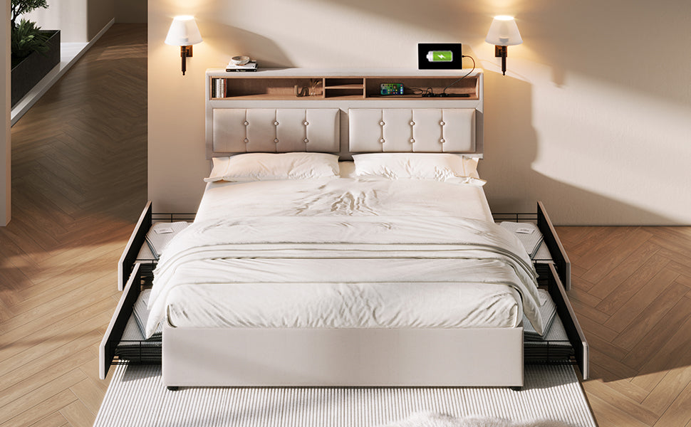 Logidon double bed 160x200cm with 4 drawers and USB-C charging port