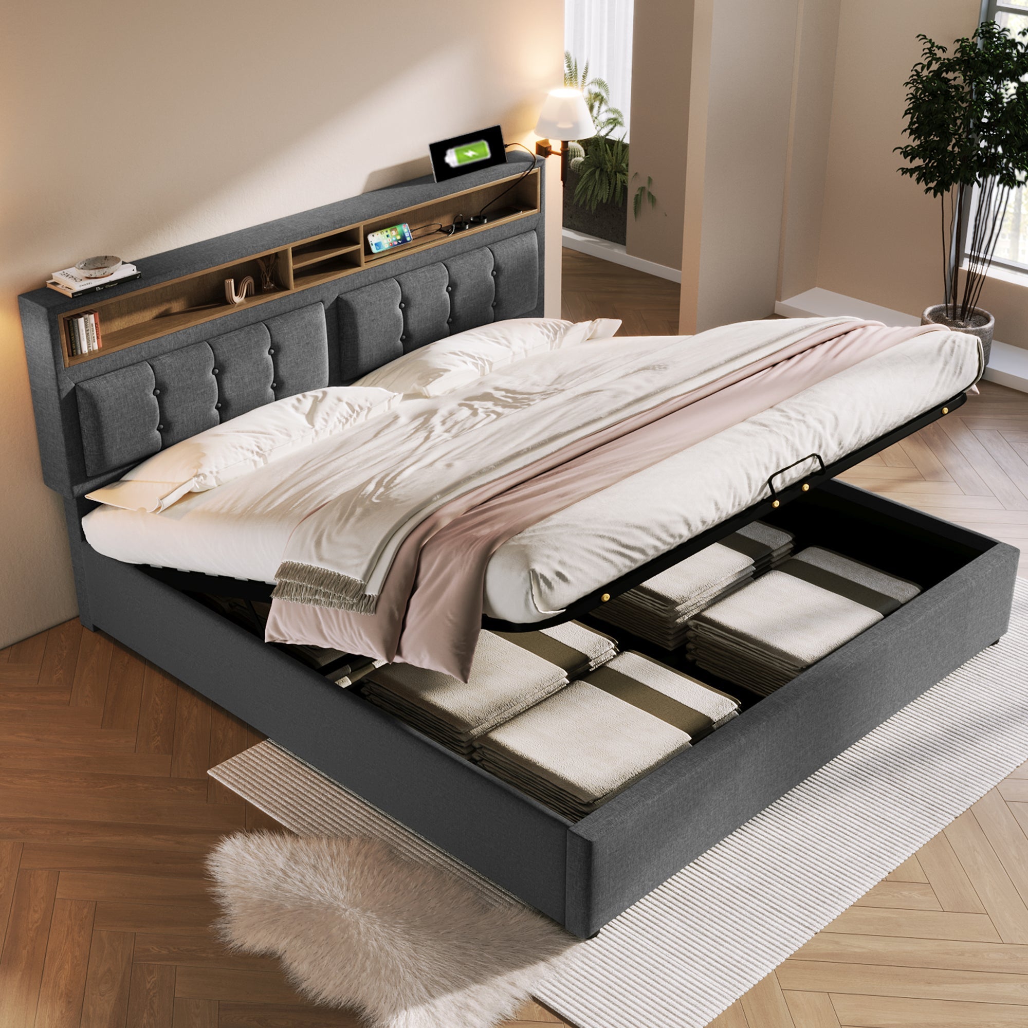 Logidon upholstered bed 160x200 gray USB-C charging function headboard storage space