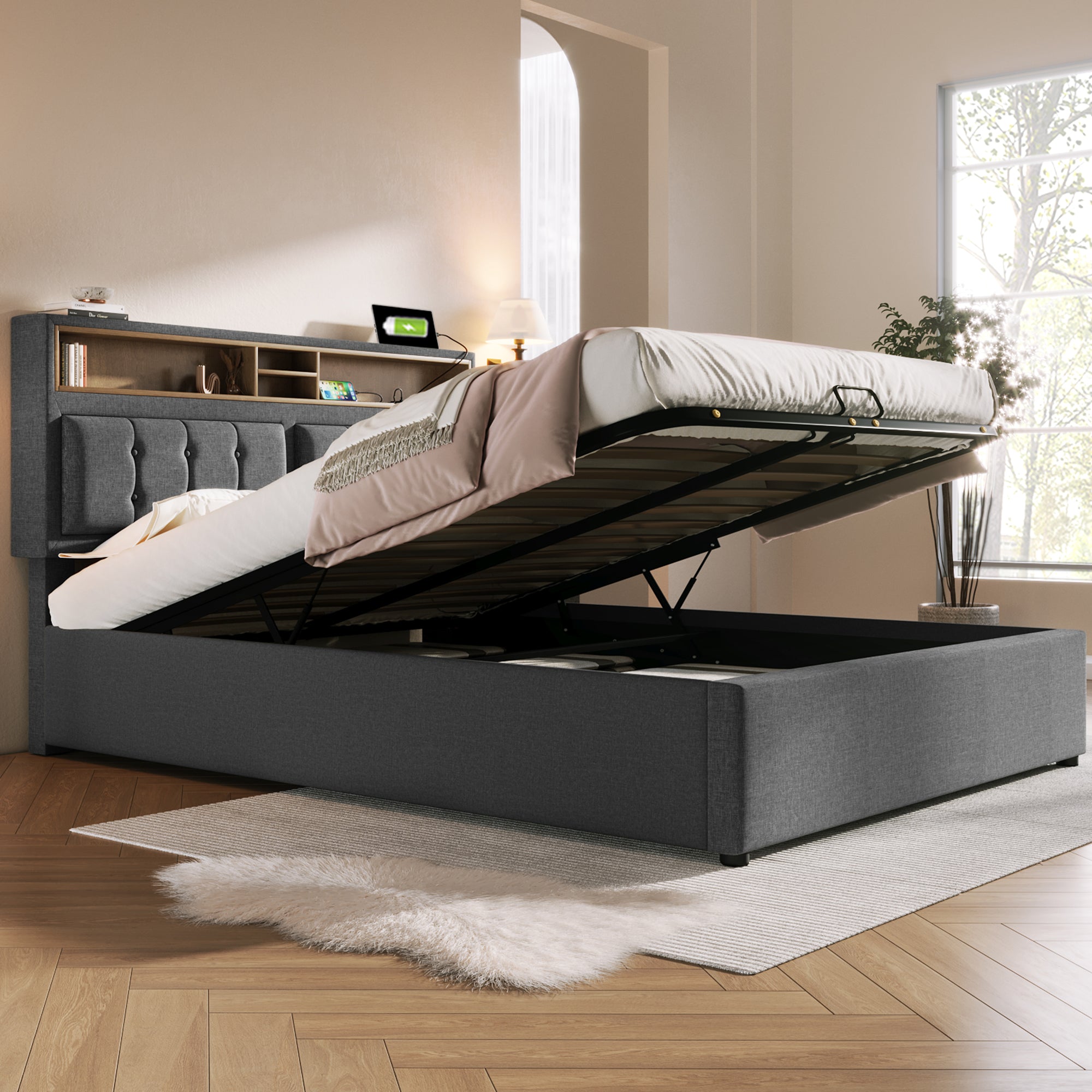 Logidon upholstered bed 140x200 gray with USB-C charging function