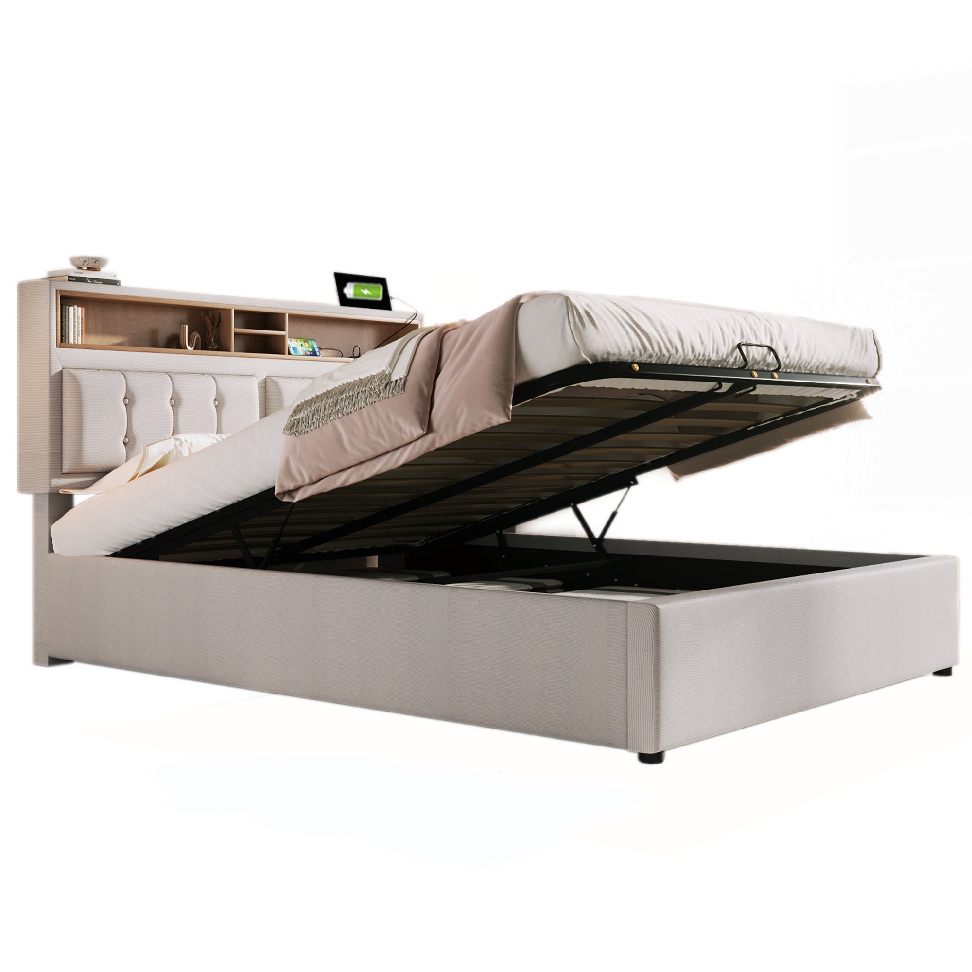 Logidon gestoffeerd bed 160x200 beige hoofdbord USB C oplaadfunctie opbergruimte