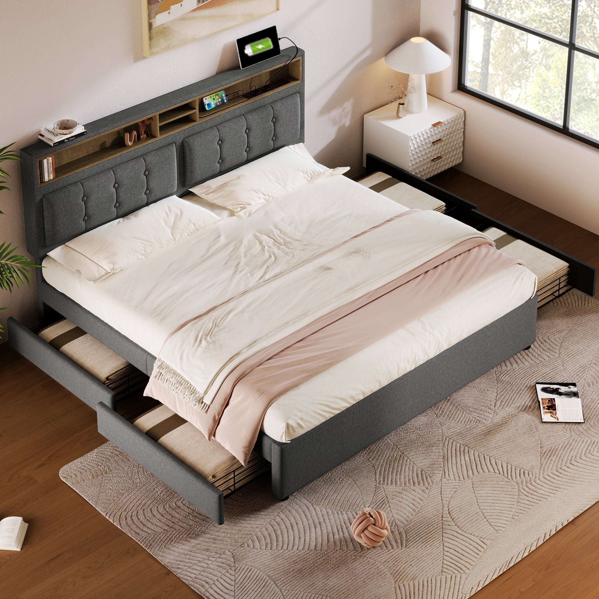 Logidon grijs gestoffeerd bed 160x200 cm met 4 lades USB C-aansluiting