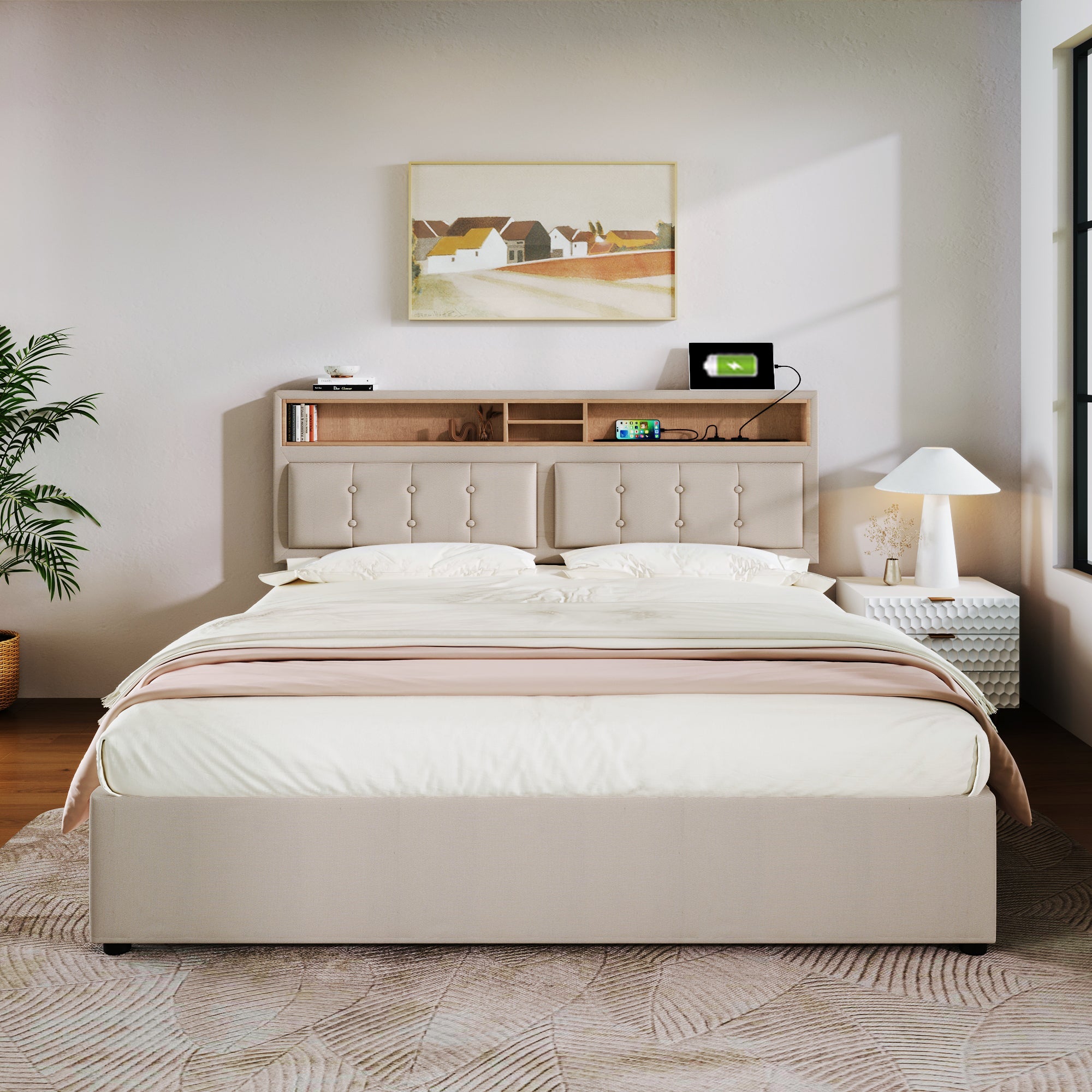 Logidon gestoffeerd bed 160x200 beige hoofdbord USB C oplaadfunctie opbergruimte