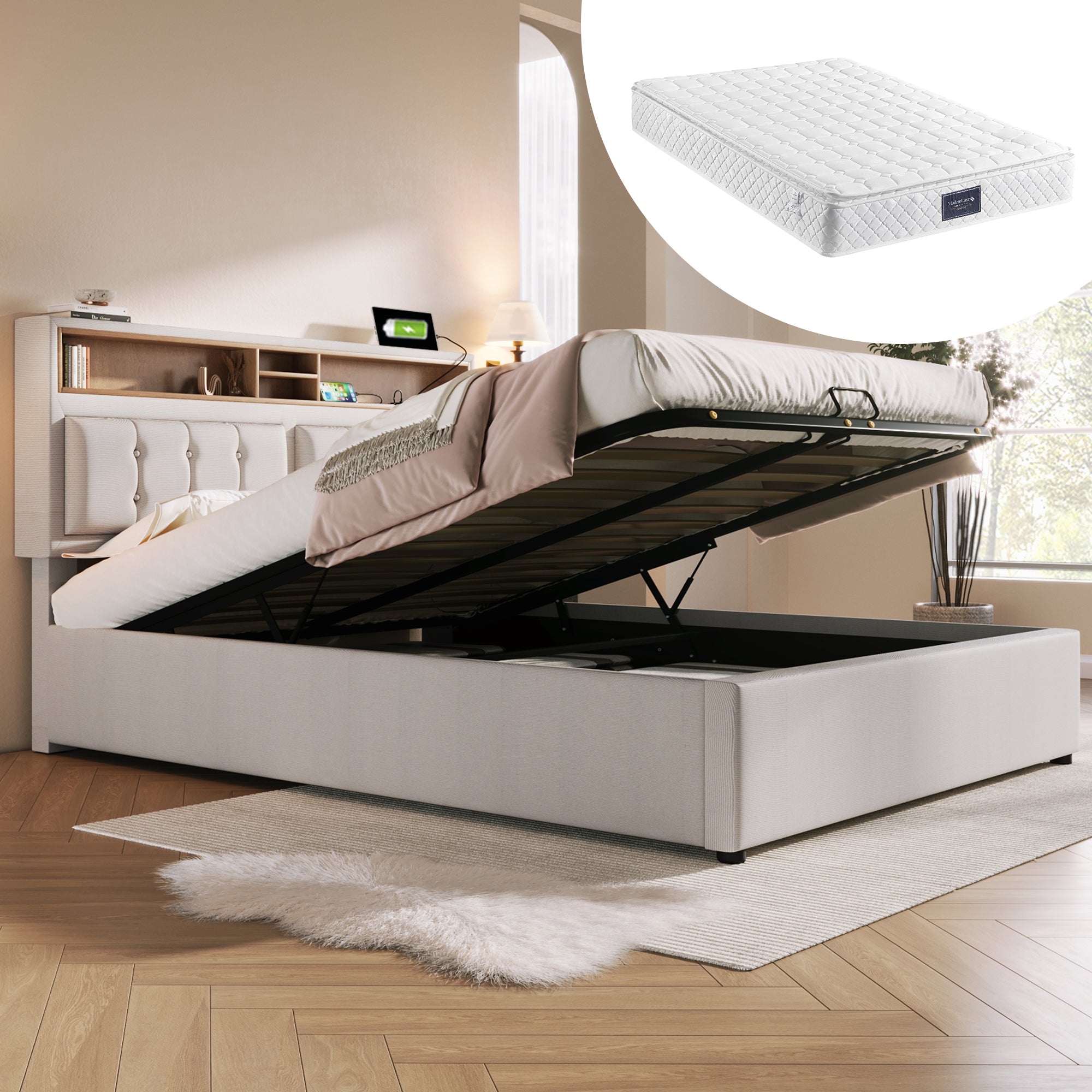 Logidon gestoffeerd bed tweepersoonsbed 140x200 met USB C oplaadfunctie beige
