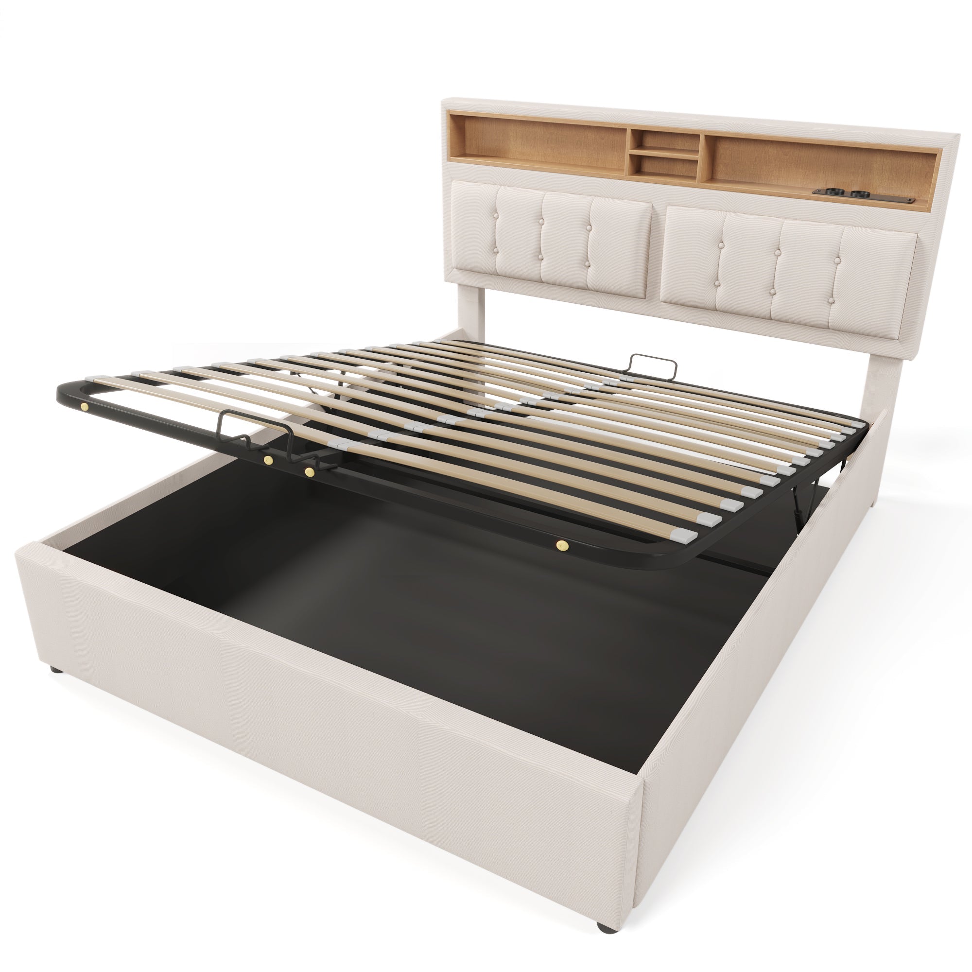 Logidon gestoffeerd bed tweepersoonsbed 140x200 met USB C oplaadfunctie beige