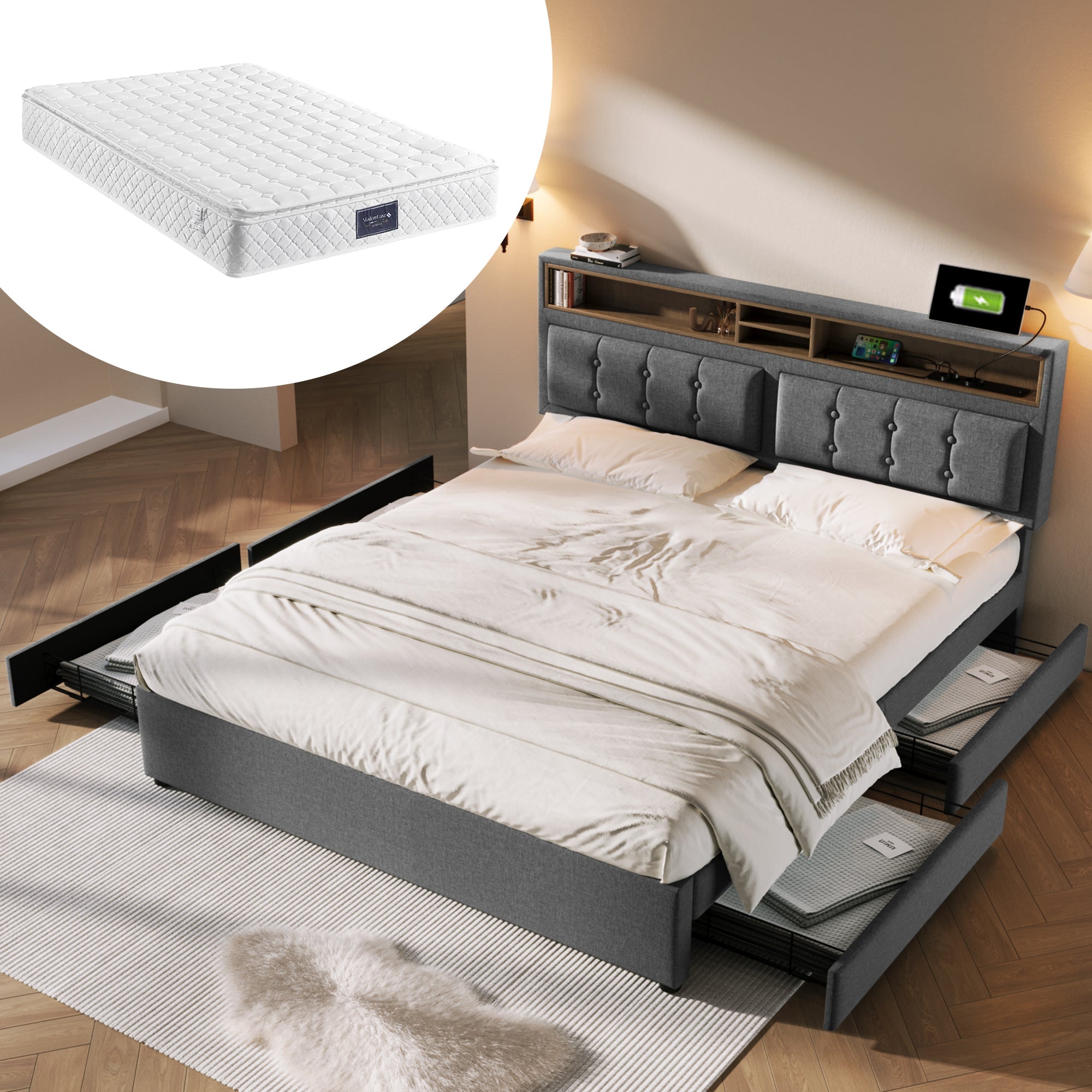 Logidon tweepersoonsbed 140x200 grijs 4 laden USB-C hoofdeindeverstelling