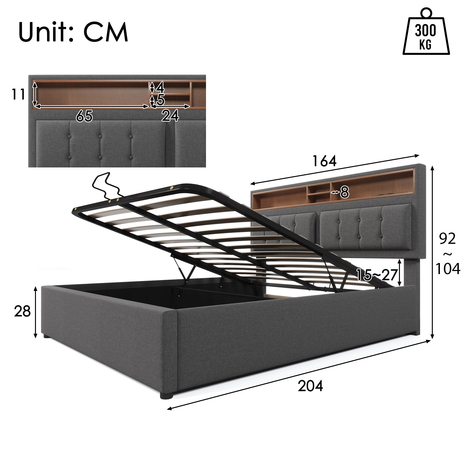 Logidon gestoffeerd bed 160x200 grijs USB-C oplaadfunctie hoofdbord opbergruimte