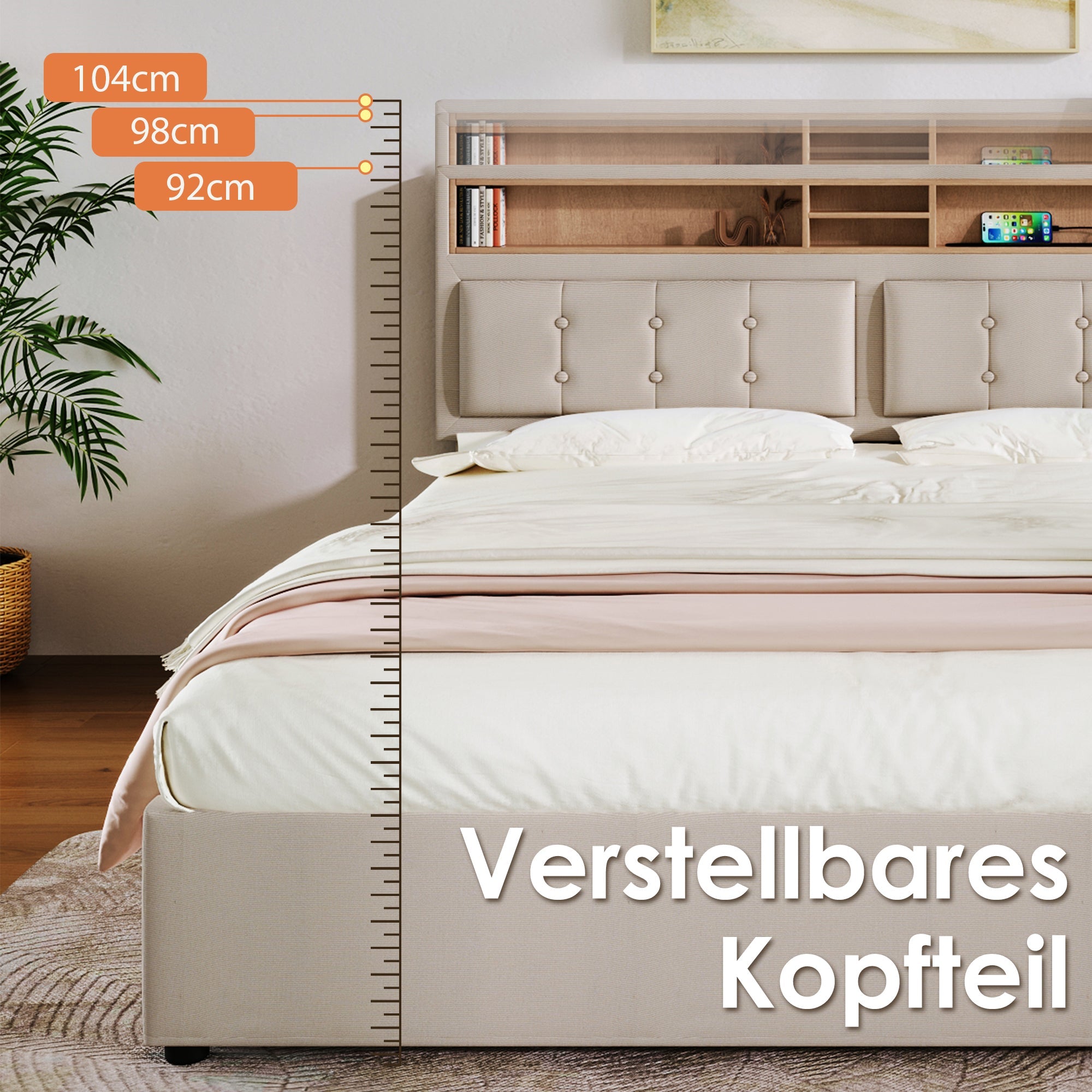 Logidon gestoffeerd bed tweepersoonsbed 140x200 met USB C oplaadfunctie beige