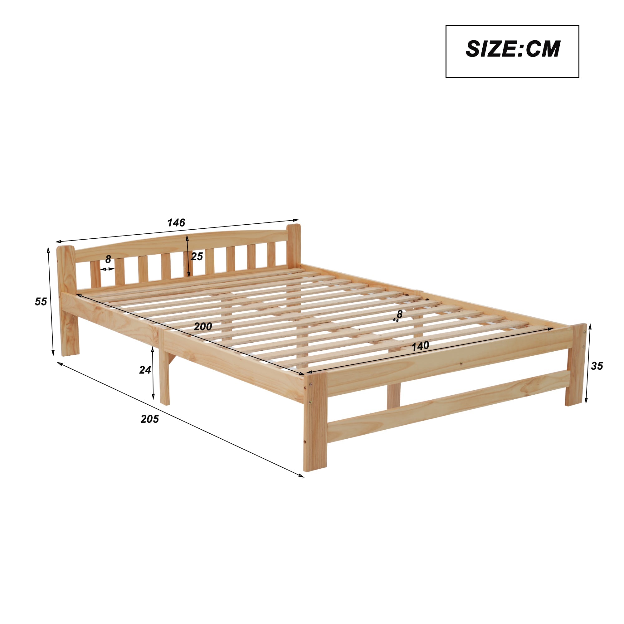 Logidon massief tweepersoonsbed 140x200 natuurlijk hout futonbed met hoofdeinde