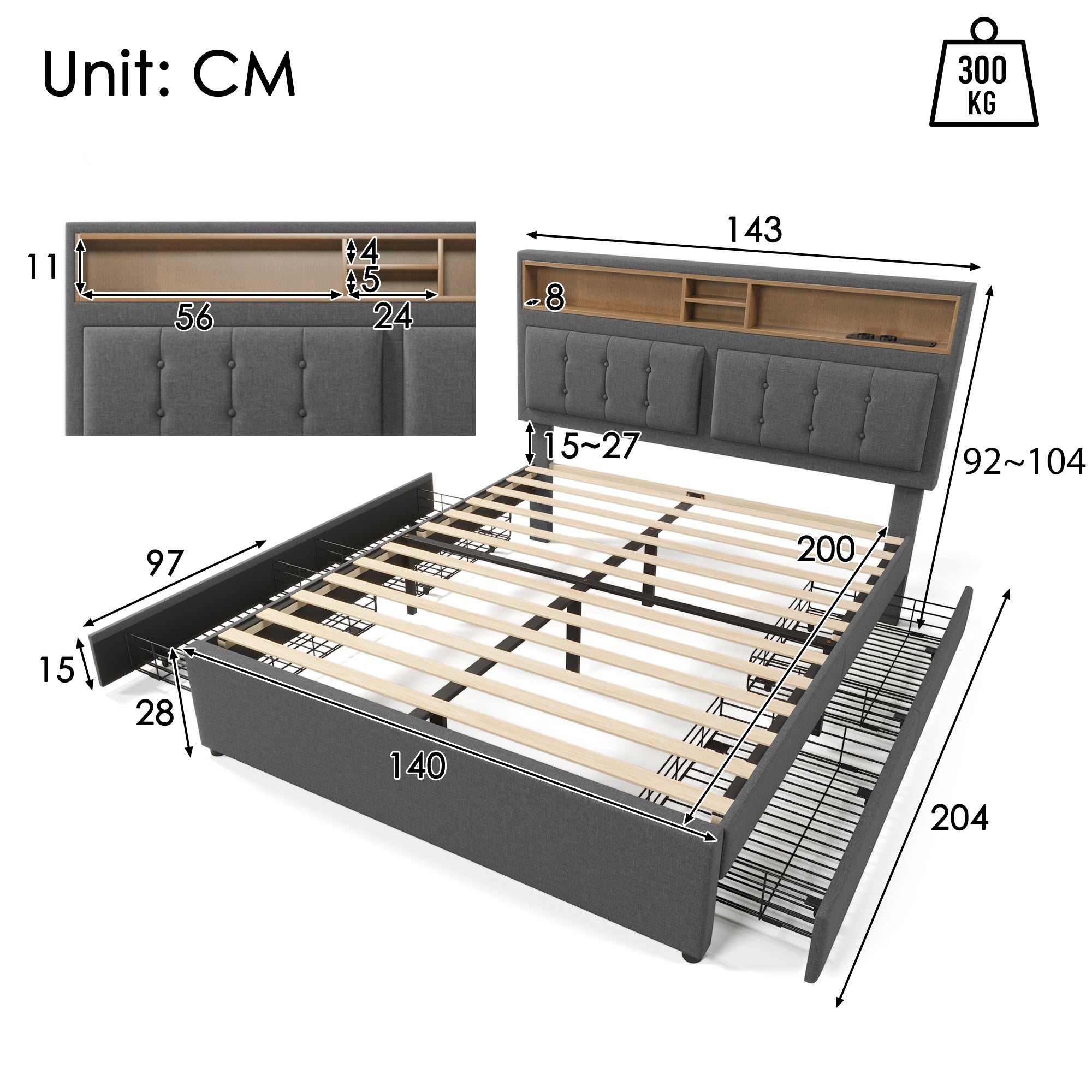 Logidon gestoffeerd bed 140x200 cm met USB C laadstation en 4 lades