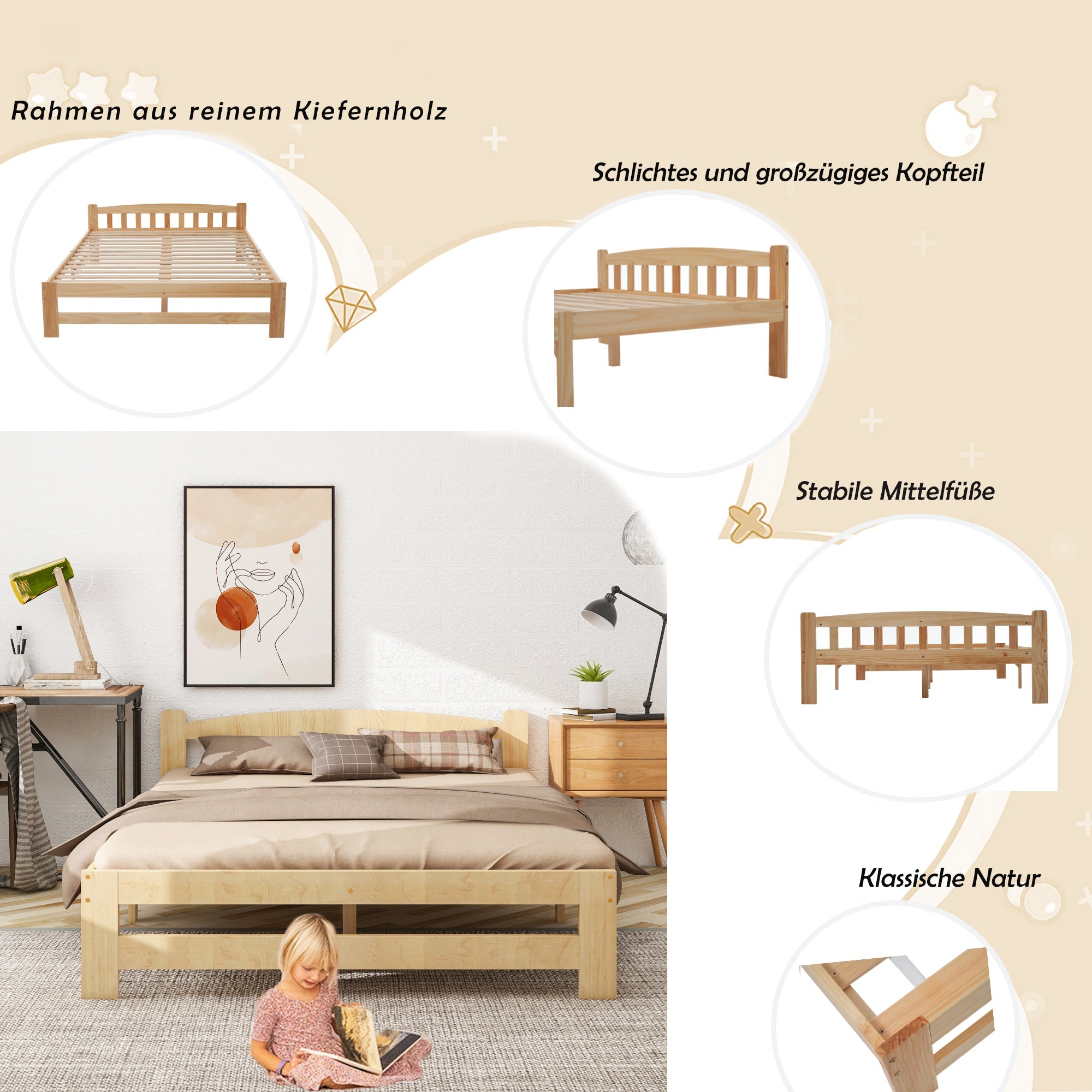 Logidon Solid Double Bed 140x200 Natural Wood Futon Bed With Headboard