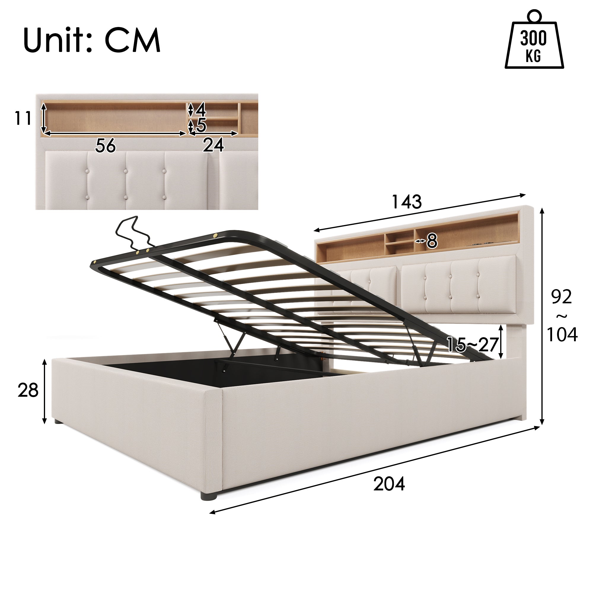 Logidon gestoffeerd bed tweepersoonsbed 140x200 met USB C oplaadfunctie beige