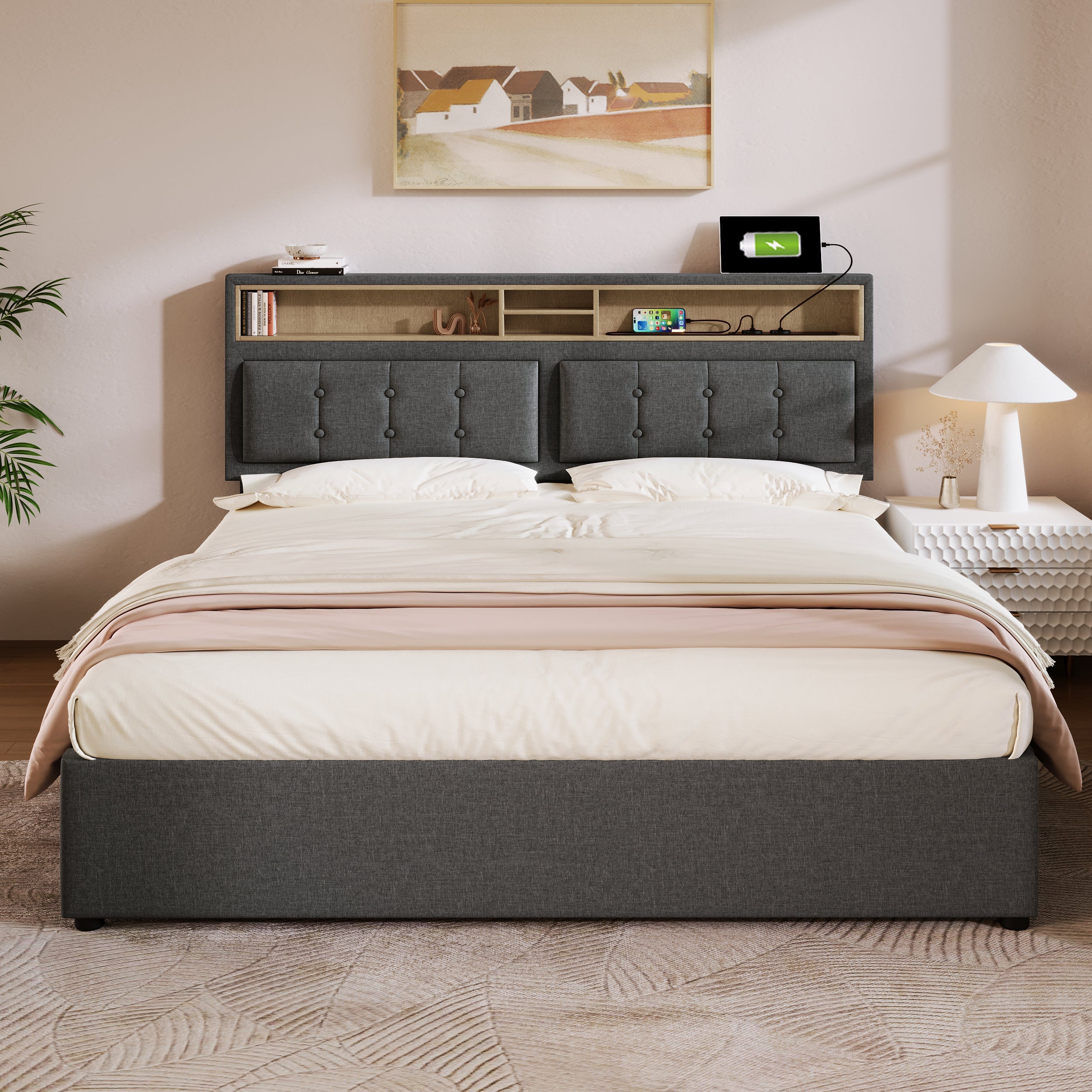 Logidon upholstered bed 160x200 gray USB-C charging function headboard storage space