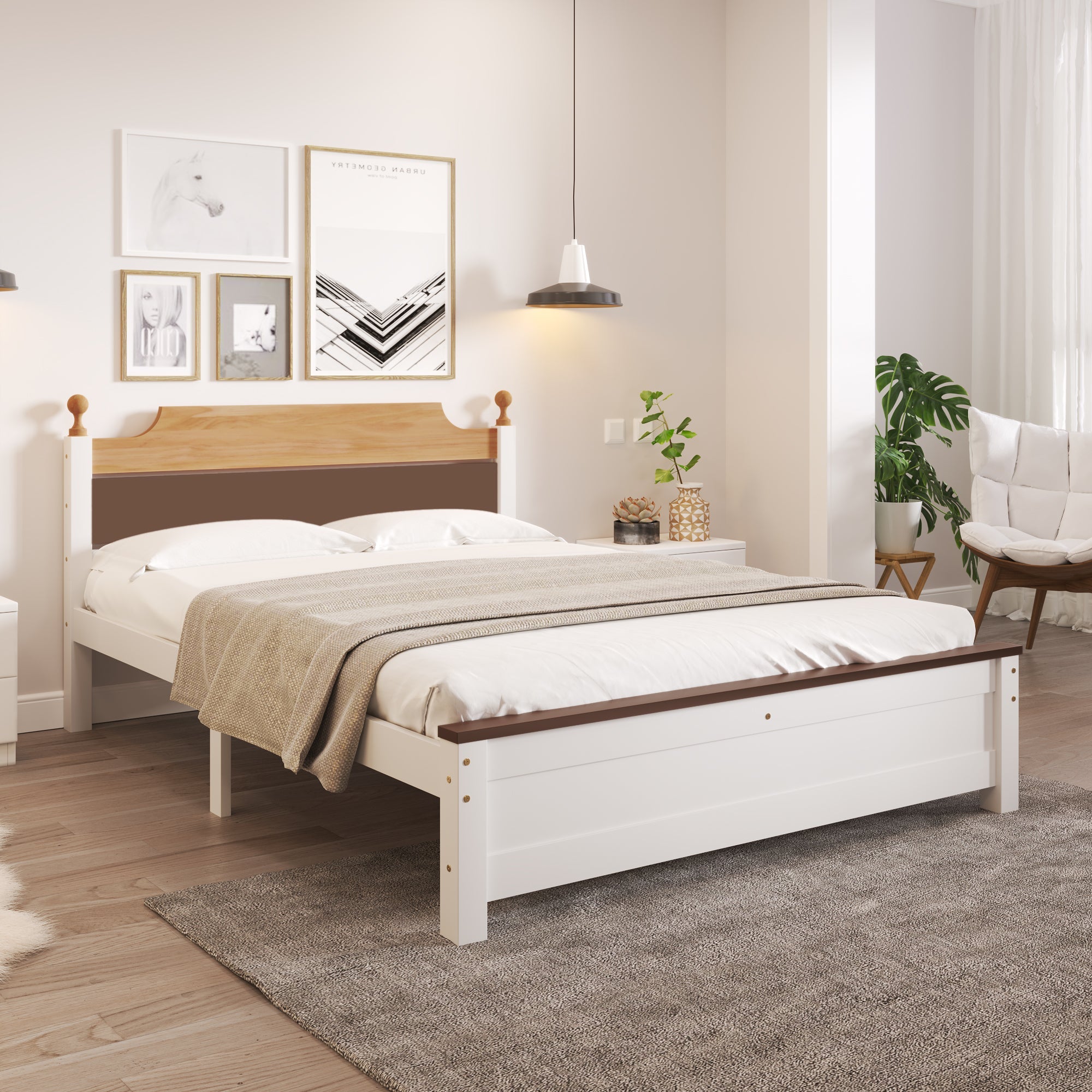 Logidon tweepersoonsbed grenenhouten frame 140x200 witte kleurblokken